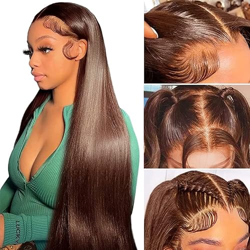Flady Dark Brown Wig Glueless Wigs Human Hair Straight Lace Front Wigs Human Hair Pre Plucked Invisible HD Lace Wig For Women 150 Density