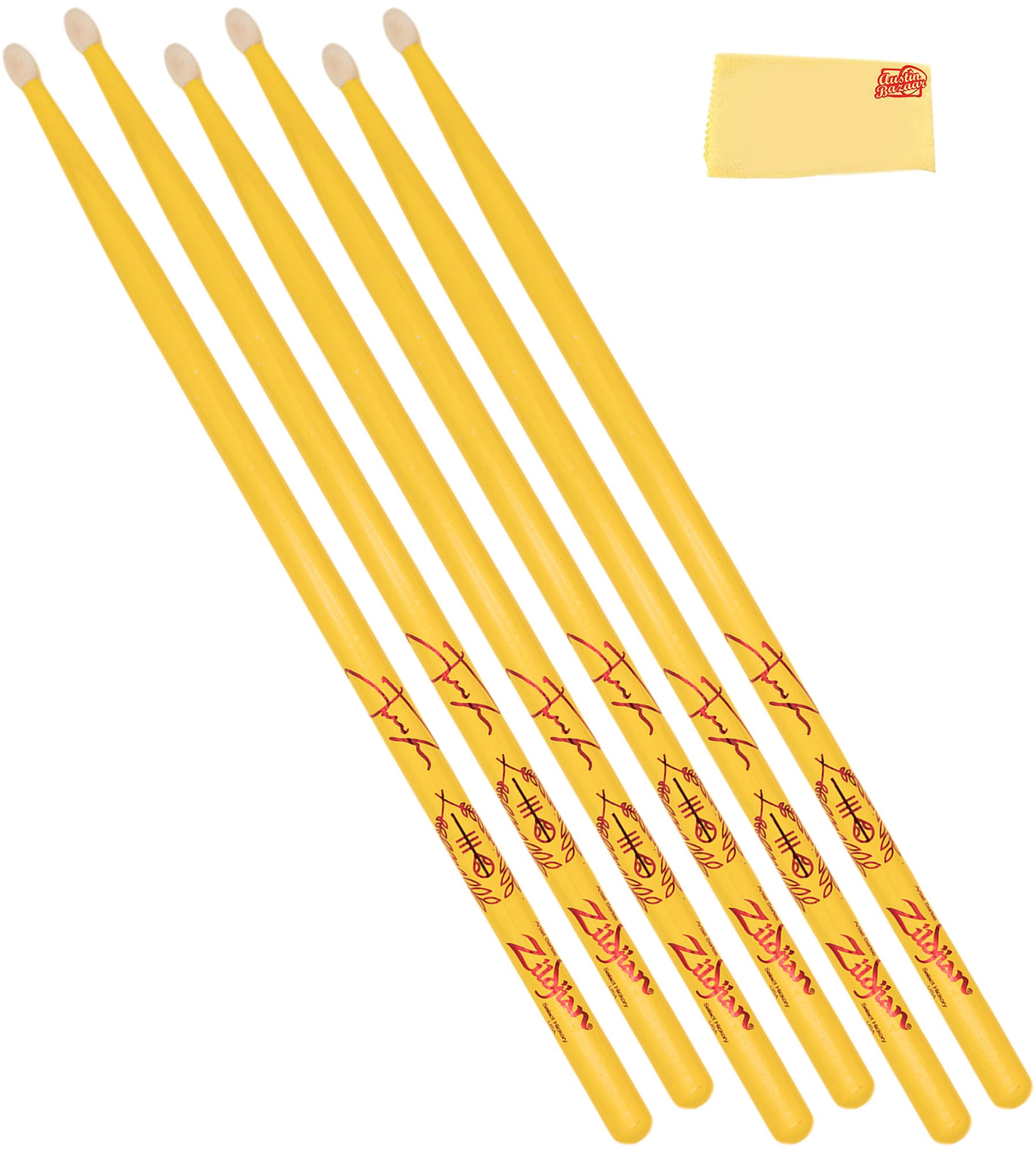 Zildjian Artist Series Josh Dun Clancy Yellow Drumsticks - 3-Pack Bundle with Austin Bazaar Polishing Cloth