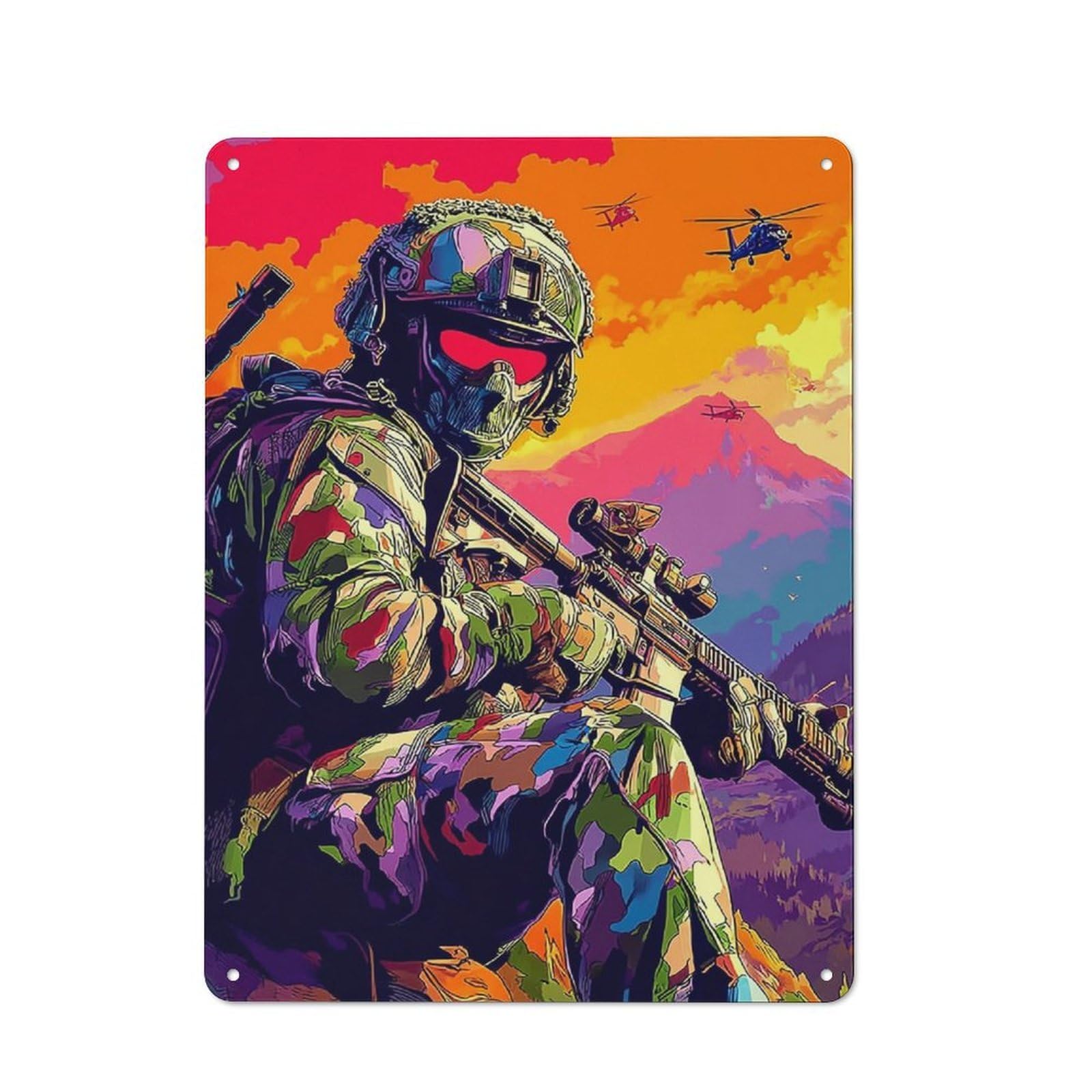Junmoney Colorful Soldier With Helicopters In Backgrou Tin Wall Plaque 40X30cm With Nd For Garage Or Workshop, For Living Room, Hallway And Entrance Wall Decor