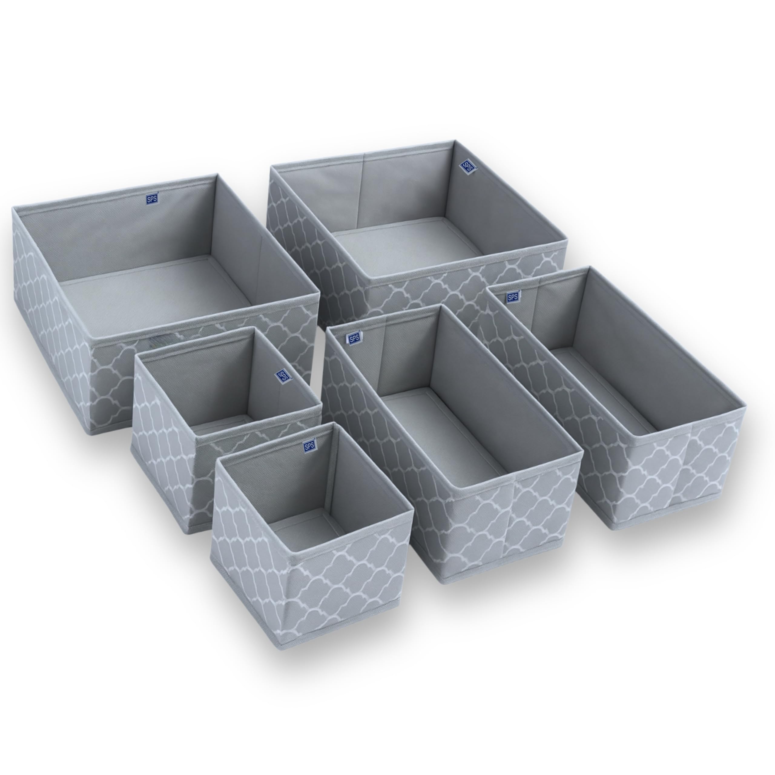 Skrill 6-Piece Foldable Cloth Storage Box Set | Odourless Cube Baskets, Bins & Dividers for Closet & Dresser Drawer Organization | Storage for Shirts, Pants, Underwear, Bras, Socks (Quatrefoil Grey)
