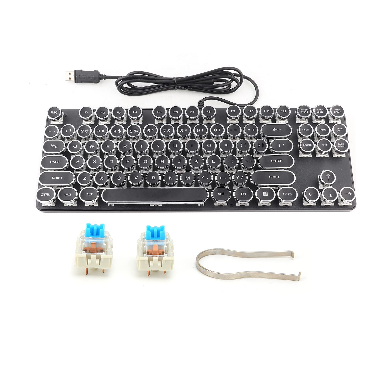 Mechaniczna Klawiatura do Gier, w Stylu Retro Punkowej Maszyny do Pisania, USB, Przewodowa z Okrągłymi Klawiszami, Podświetlana RGB dla Graczy na Laptopach
