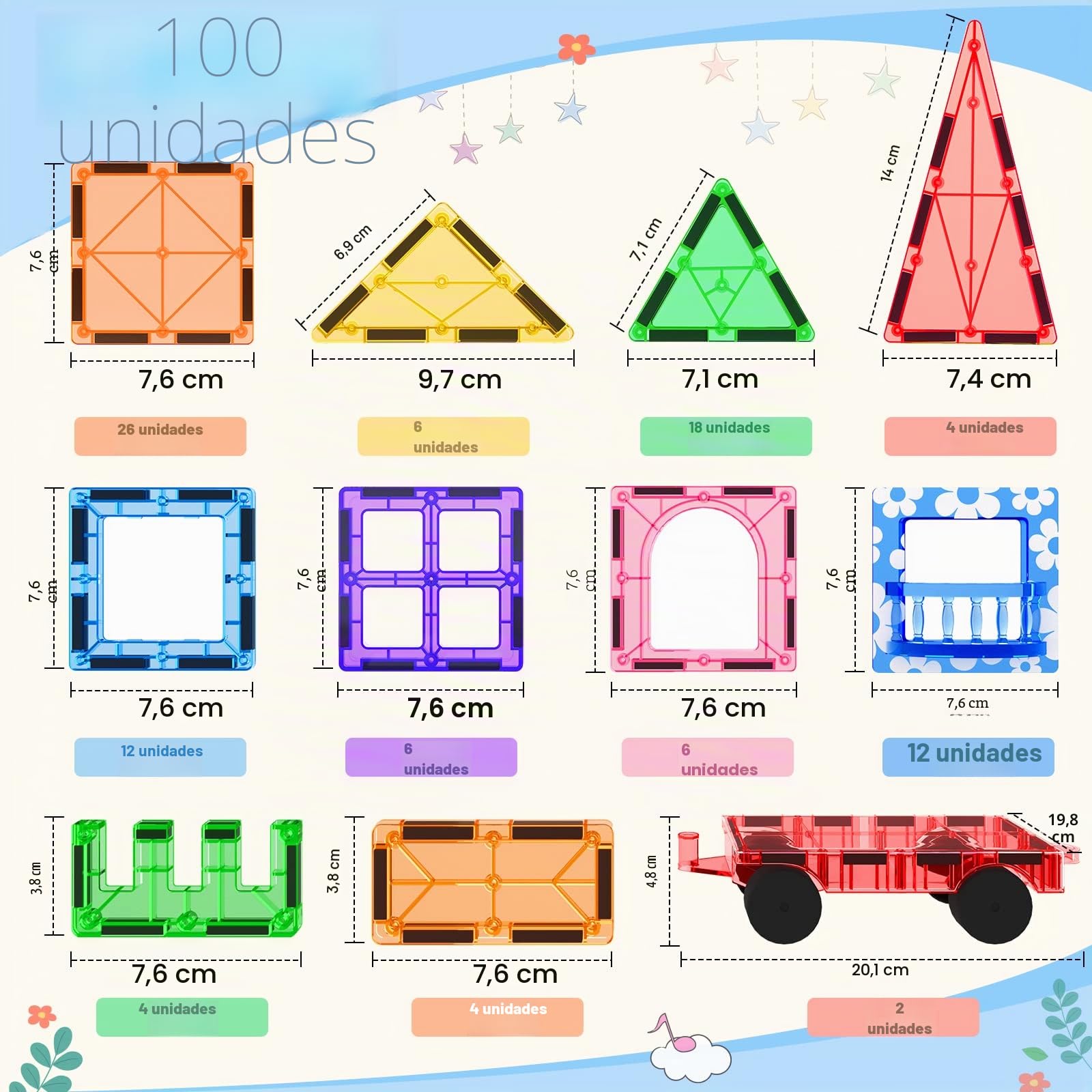 Coodoo Juguete de Bloques Magneticos Construccion Niños,100 Piezas 3D Construcciones Magneticas Niños con 2 Coche,Regalo Educativo Montessori Juguetes Niños 3 Años