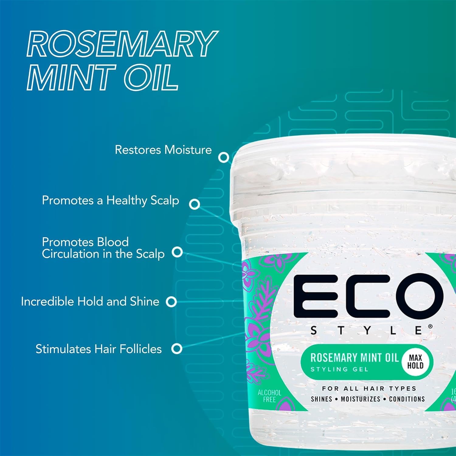 Eco Style - Gel de peinado con aceite de romero y menta, 16 onzas, restaura la humedad, promueve un cuero cabelludo saludable, sujeción y brillo