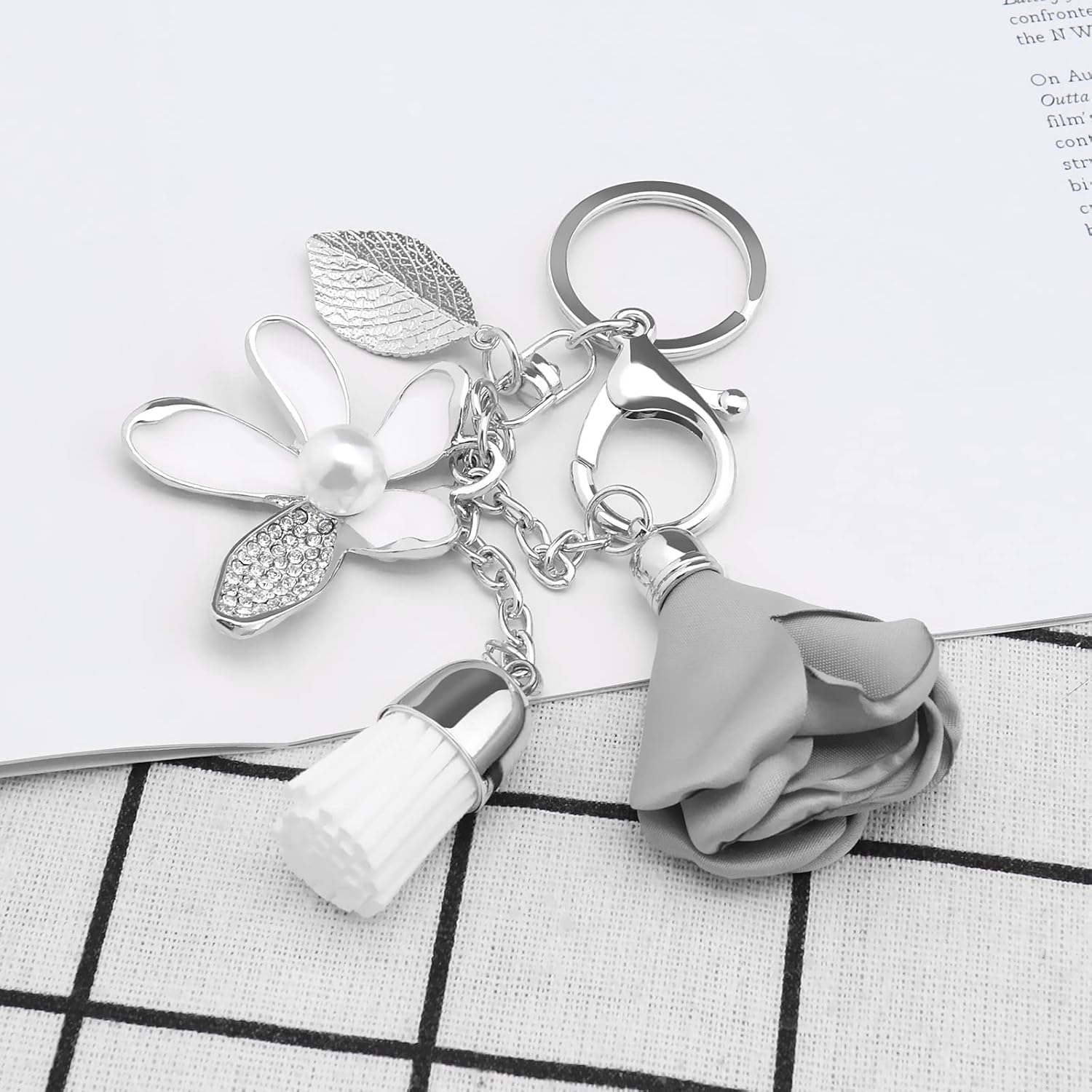 Create idea Flower Pendant Keychain Tassel Leaf Key Ring Rhinestone Charm Key Fob Handbag Ornament Key Decoration Gift for Women Girls Zinc Alloy Grey-silver - Image 7