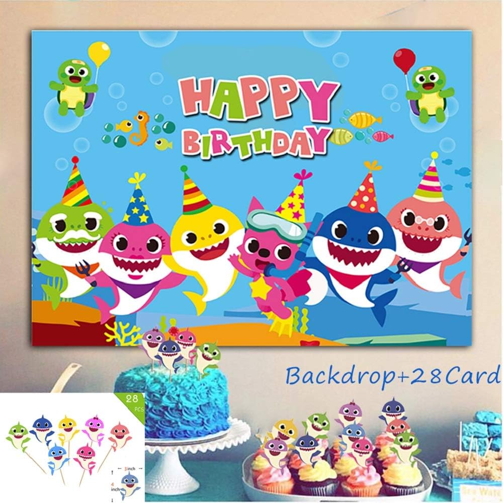 Fotupuul Baby Shark Party Backdrop Vinyl Wooden Wall Photo + Shark Cupcake Theme Party Supplies(28 Card)