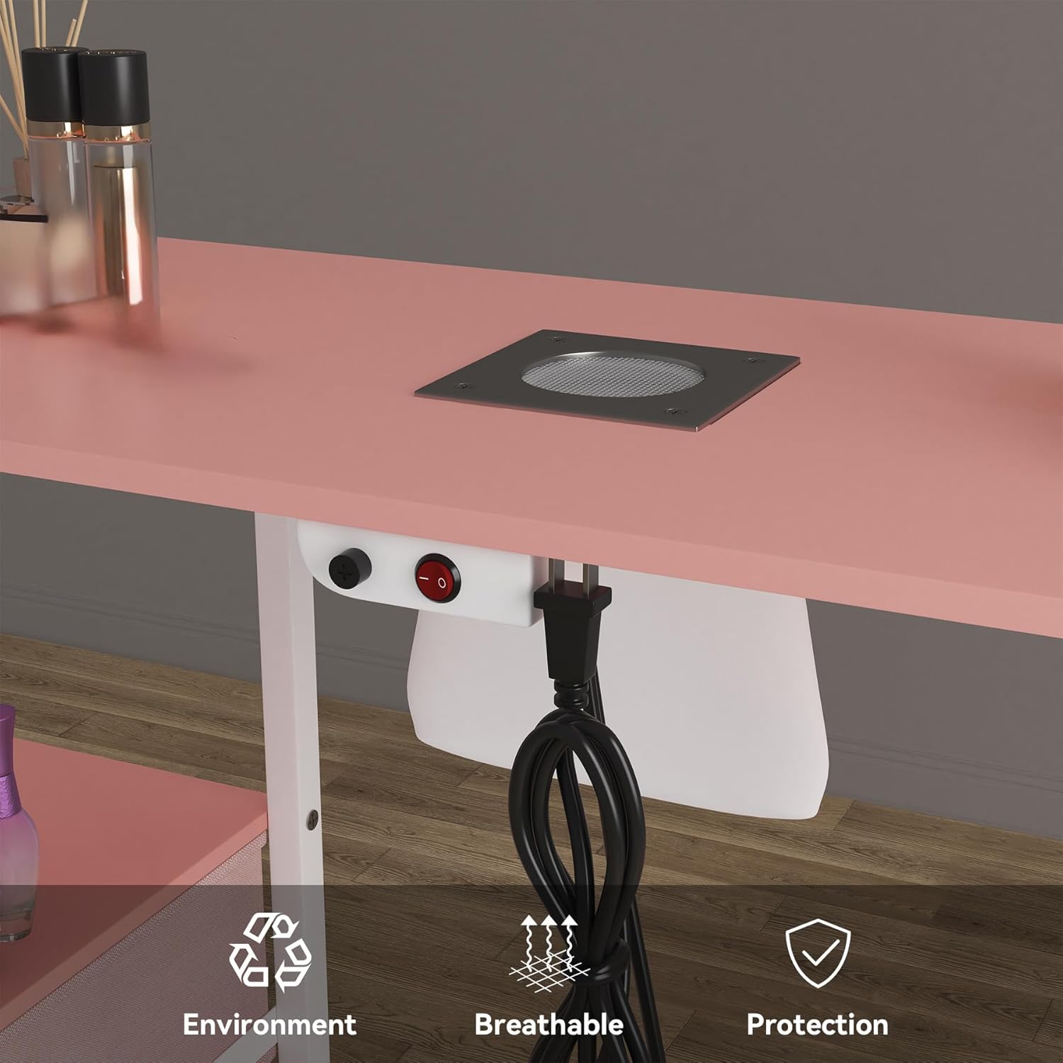 Manicure Table for Nail Tech, Nail Tech Table Station w/4 Storage Drawers & 2 Open Shelves, Nail Table w/Dust Collector for Beauty Salon Tech Station (Pink)