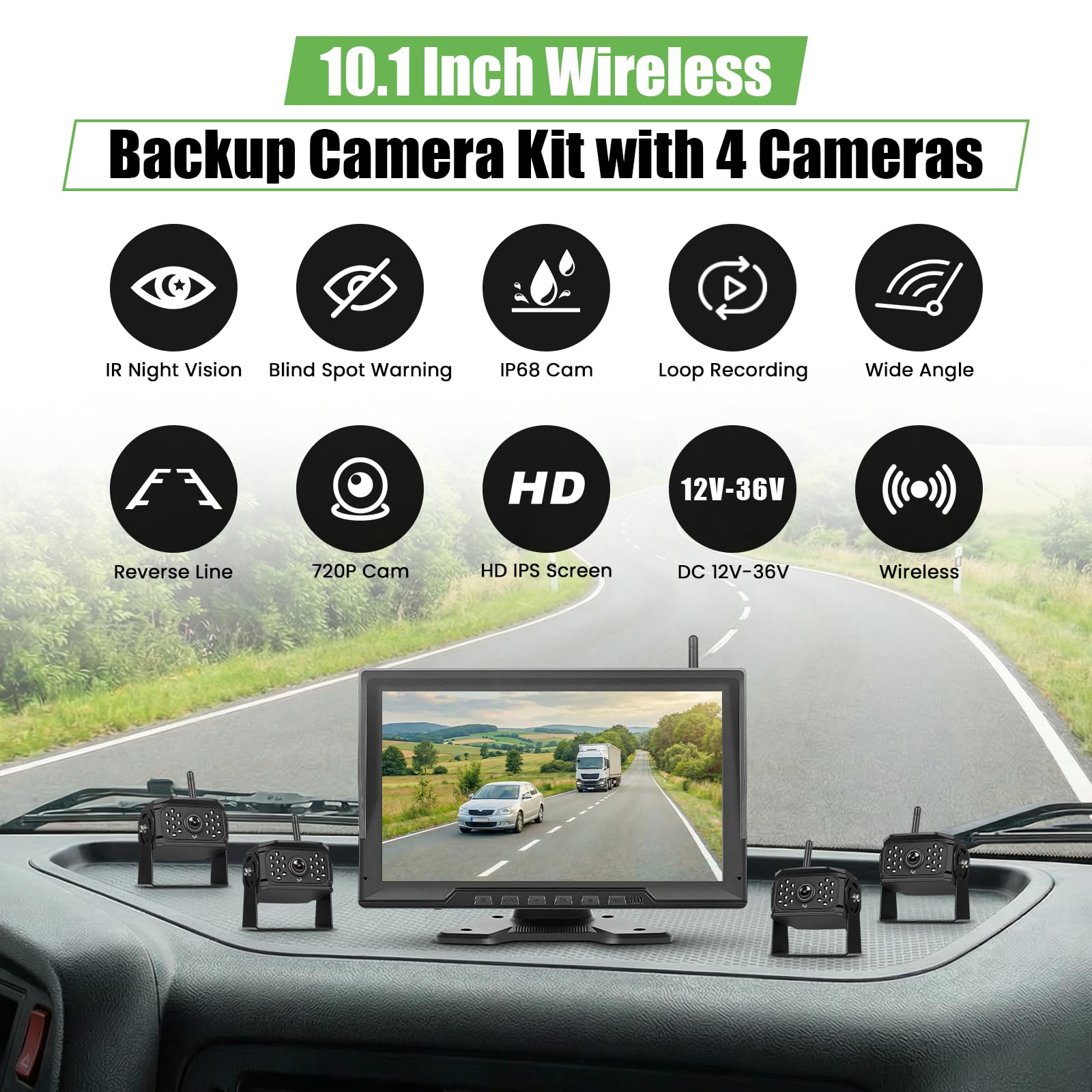 Cámara atrás Digital inalámbrica 4 cámaras, Monitor de Marcha atrás IPS HD de 10,1 Pulgadas con Pantalla Dividida y función de grabación, visión Nocturna, Monitor DVR y Resistente al Agua IP68