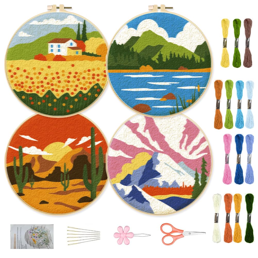 ORIGACH Kit de iniciación de bordado de paisaje de 4 piezas para principiantes, montaña, lago, desierto, paisaje rústico, kit de práctica de puntada que incluye paño de bordado, aros de bordado, hilos