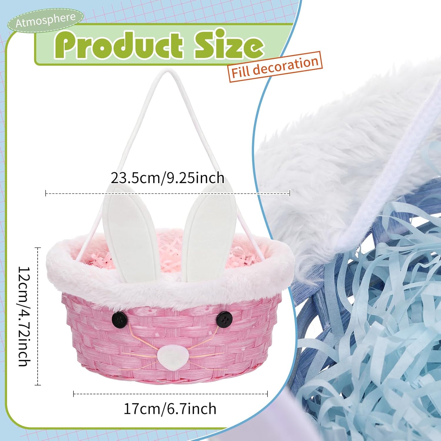 Didaey 6 Pcs Wicker Easter Basket with Rope Handles Woven Bamboo Easter Basket with Grass Raffia Filler Cute Rabbit Picnic Hamper for Egg Hunt Party Gifts (Pastel)