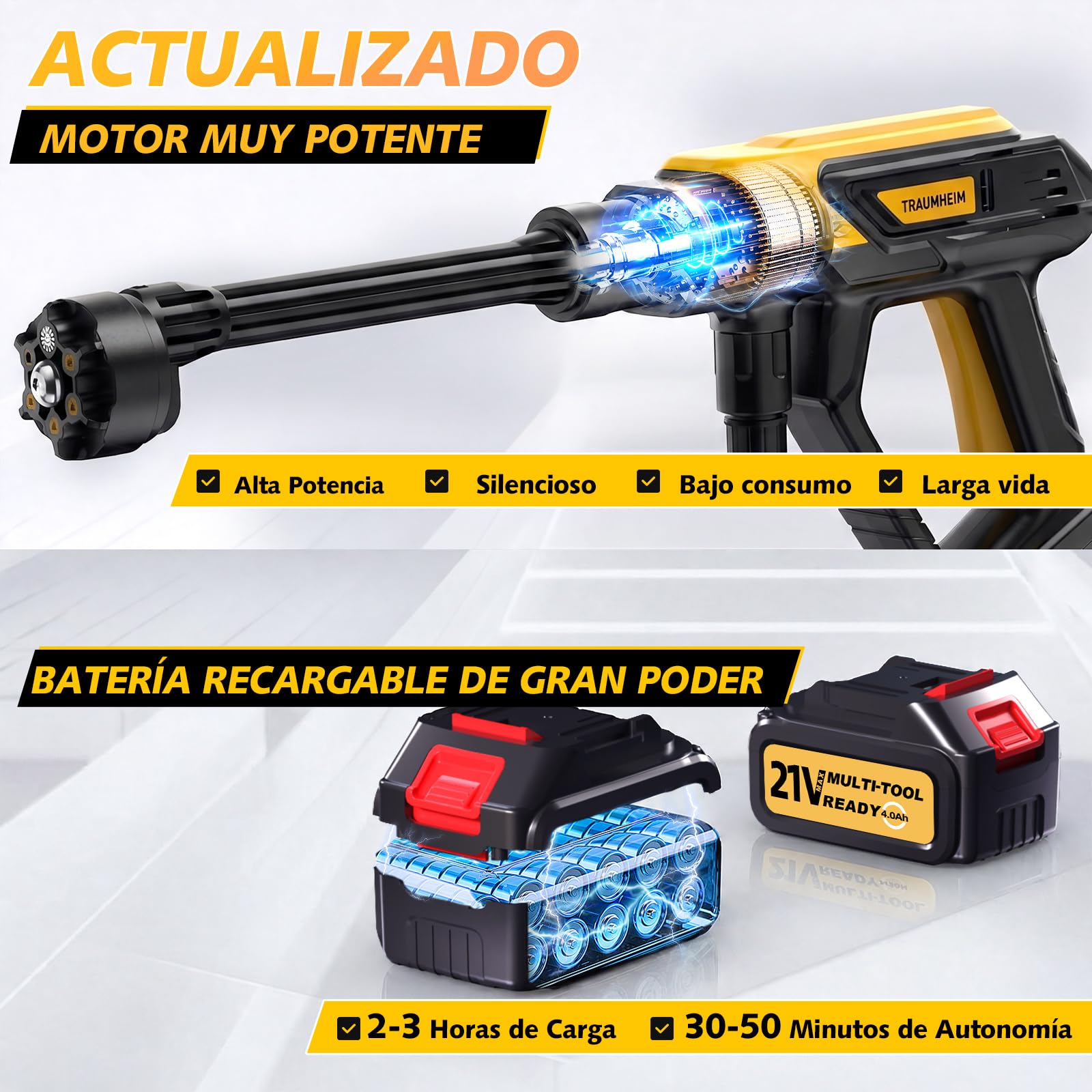 Limpiador de alta presión inalámbrico Traumheim 21V 68Bar – 2 baterías de 4000mAh, juego de 17 piezas, limpiador portátil para auto, terraza y jardín