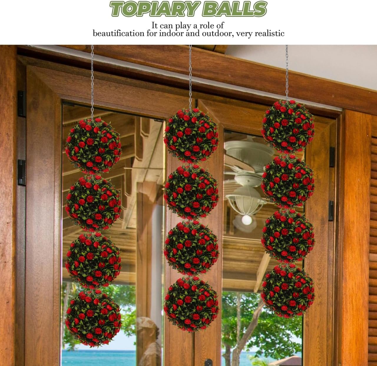 Healifty Artificial Flower Topiary Ball Red Decorative Hanging Garden Patio Ornament for Indoor Outdoor Use UV Resistant Plastic Simulation Grass Ball for Weddings Parties Home and