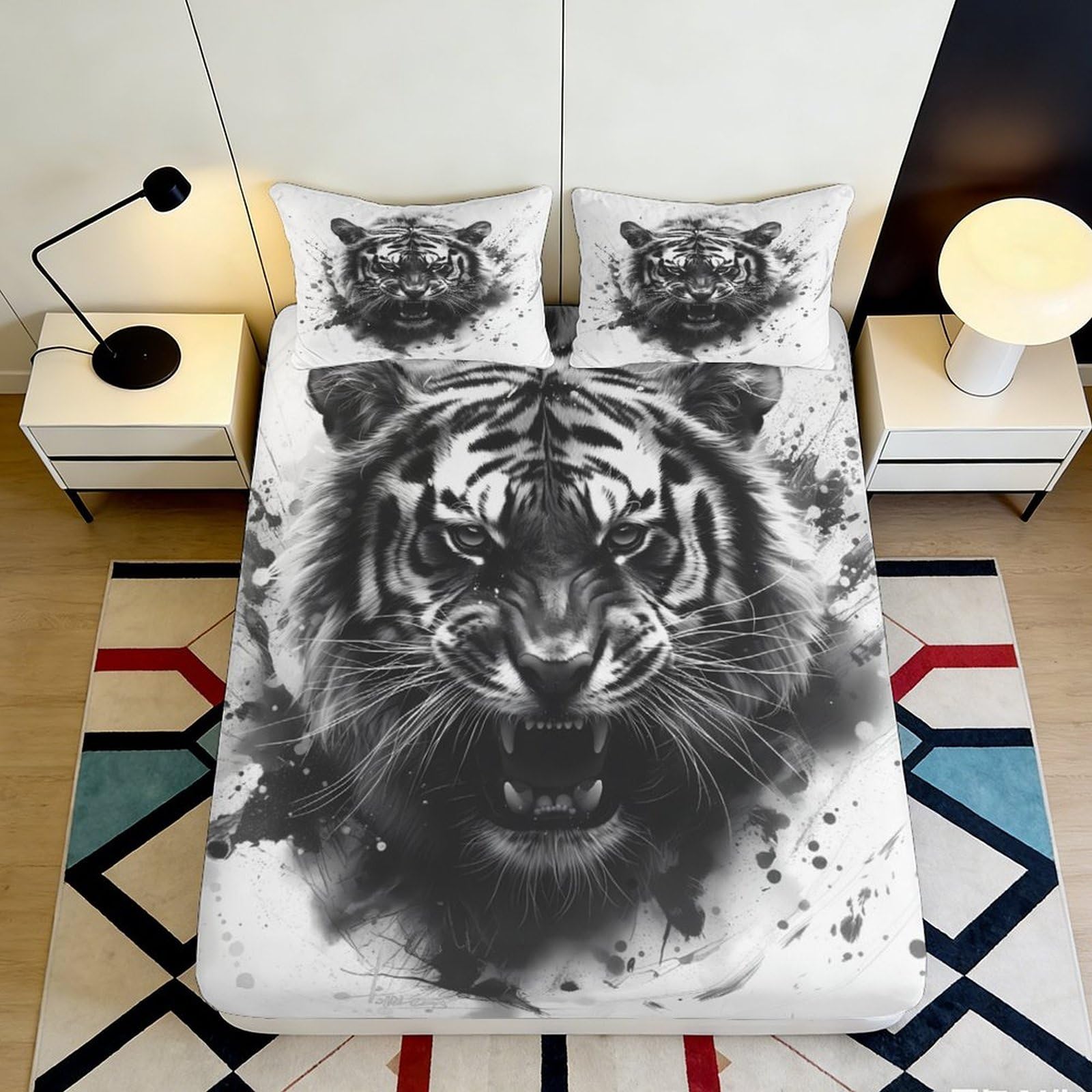 3D Printed Tiger Fitted Sheet Microfiber Non-Slip Deep Pocket Bedroom Bedding Tiger Mattress Fitted Cover Full Wrap Washable for Adults 160x200x25cm