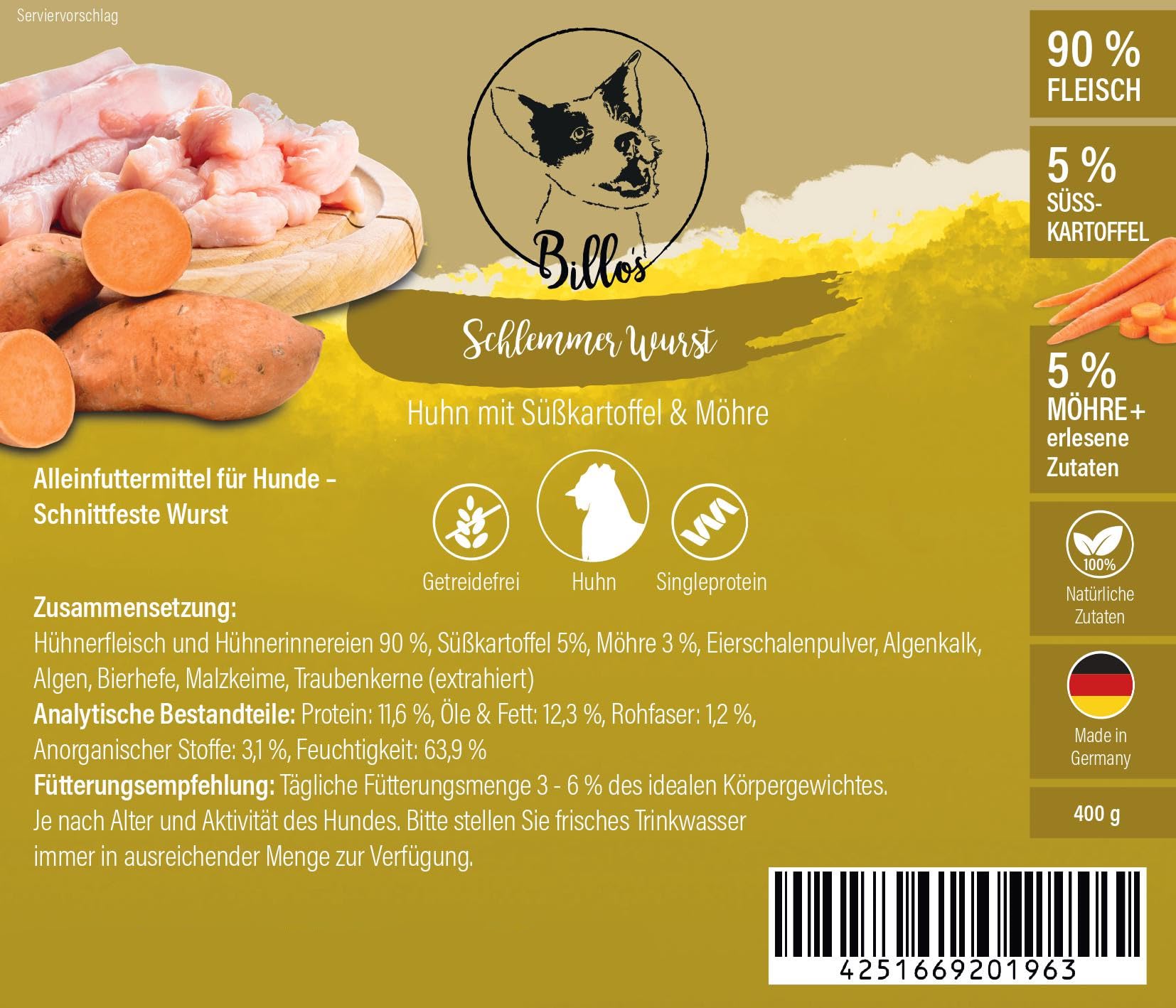 Schlemmerwurst - Salsiccia per cani, resistente ai tagli, senza cereali, pollo con patate dolci e carote, rotolo di salsiccia per cani come cibo completo, snack per allenamento, salsiccia di carne –