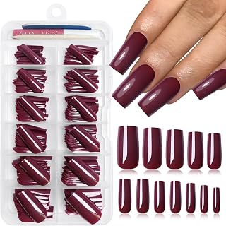 120PC Wine Red Square Press on Nails Medium Long Fake Nails Press ons with Glue Nail Adhesive Tabs, 12 Sizes Acrylic Nails Press on Nails Square red Stick Nails Tips Artificial Fingernails