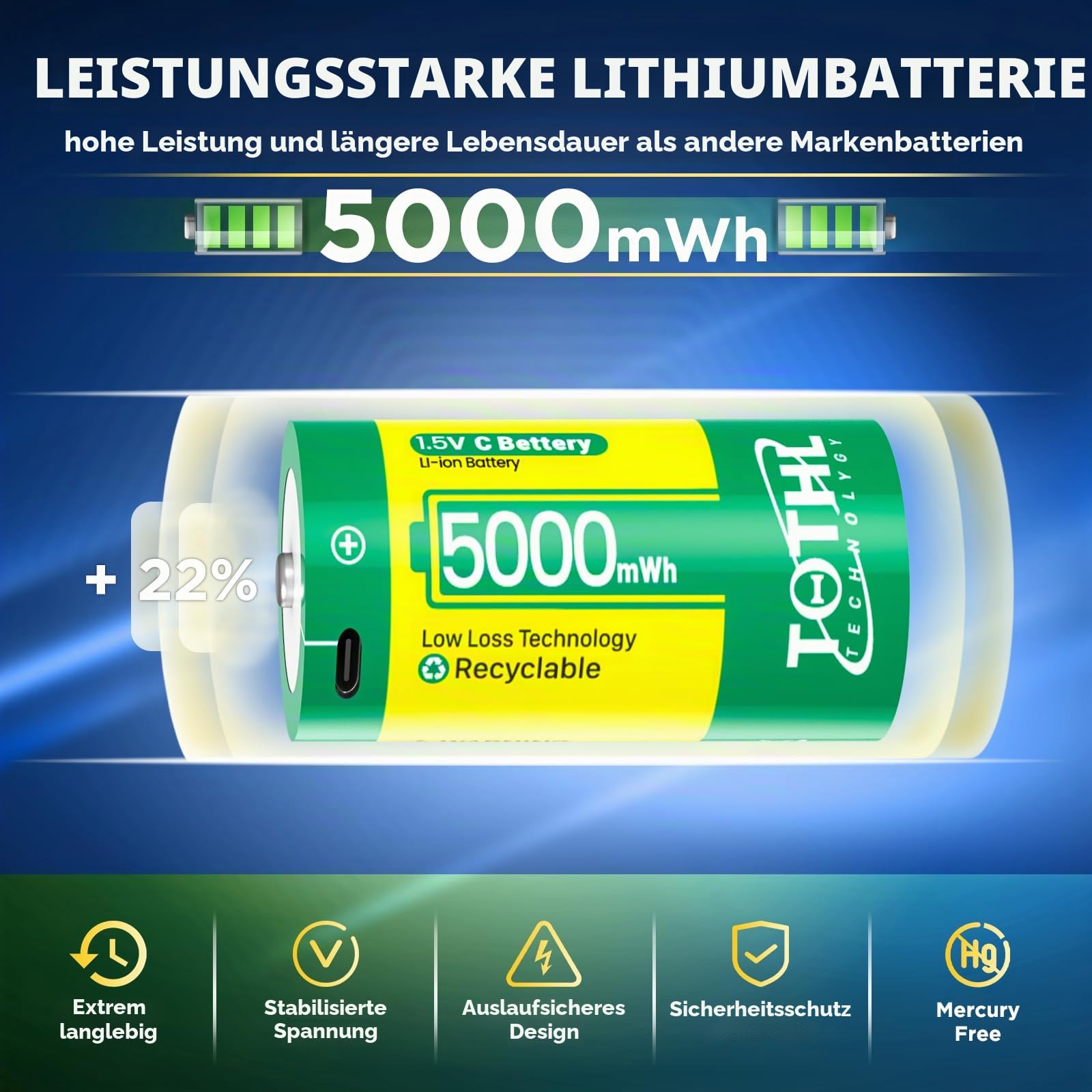 【8 Stück】 Aufladbare Baby C Akku USB 2 in 1 Lithium C Batterien Ladekabel, C Cell Li-ion Battries, LR14 1.5V C Size Cell Battery Replacement 5000mWh für Flutlicht Spielzeug