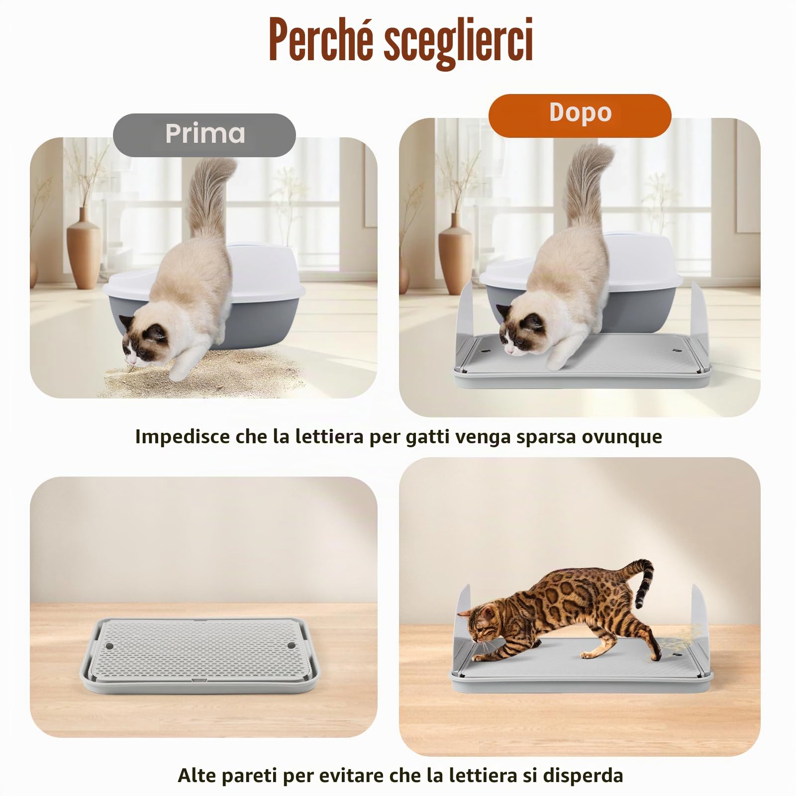 Scaletta per gatti con deflettori rimovibili, grande rampa poggiapiedi per lettiera con funzione filtro, doppio strato, resistente agli spruzzi, facile da pulire, per gatti piccoli e anziani