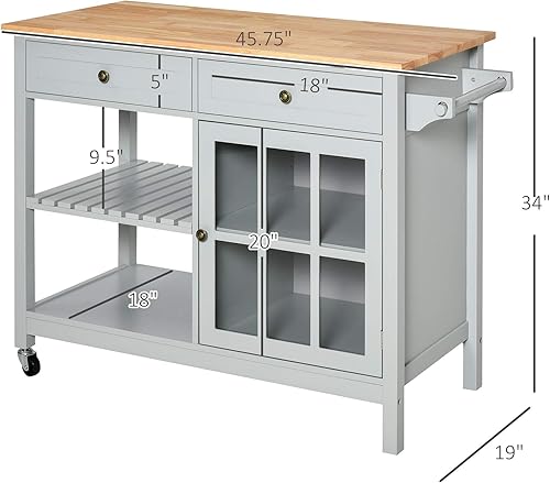 Miniatura 3 de HOMCOM Isla de cocina rodante con almacenamiento, carrito de cocina con parte superior de madera maciza, gabinete de puerta de vidrio, estante