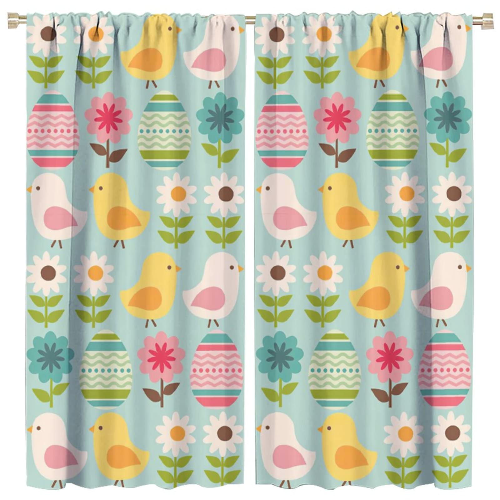 JESTRONRY Easter Eggs Bedroom Curtain,Cute Cartoon Chick Spring Holiday Theme Rod Sleeves Window Drapes 2 Panel Set for Living Room Kitchen Bathroom Home Decor W42xL45in