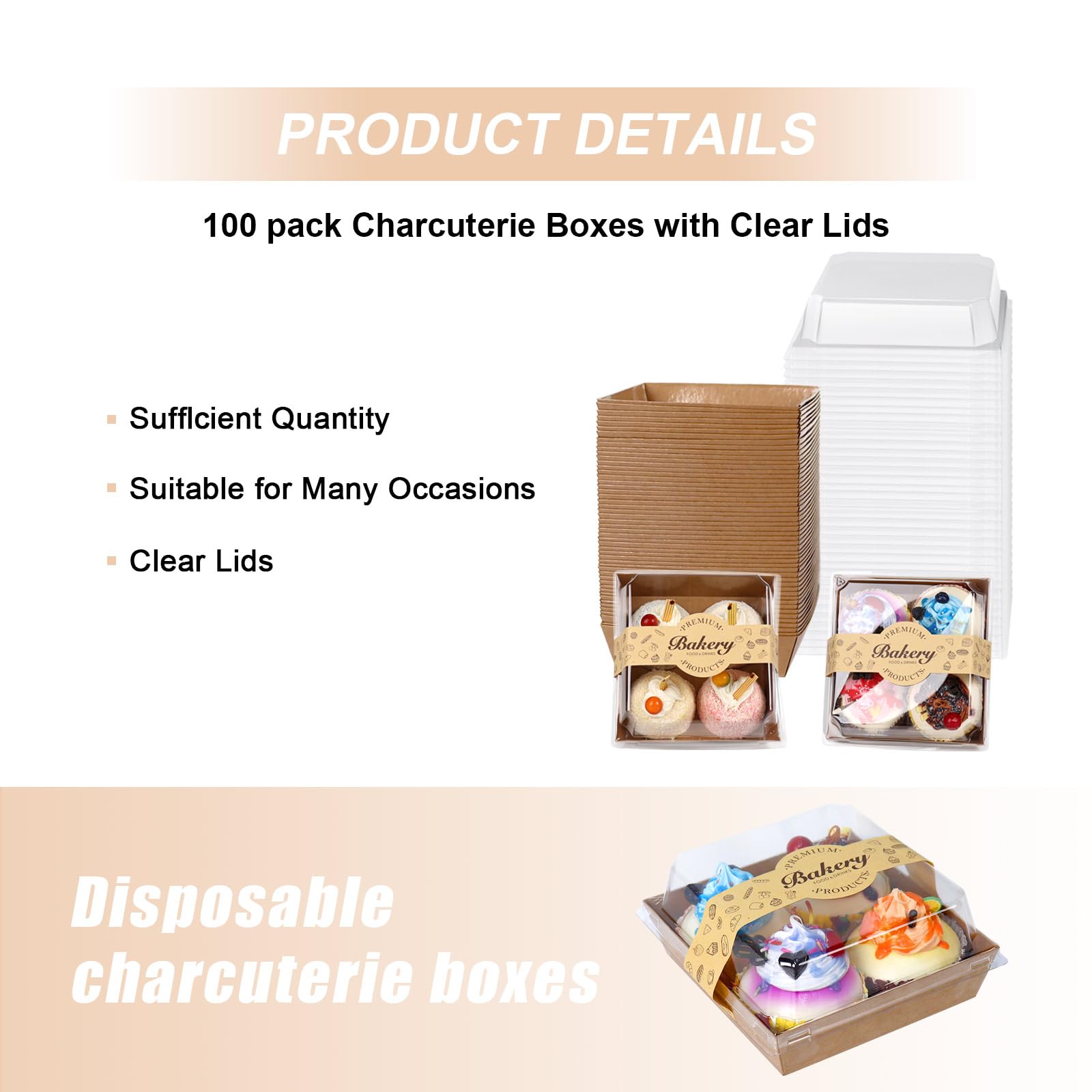 Paquete de 100 cajas de embutidos con tapas transparentes seguras, 5.3 x 4.9 x 2.5 pulgadas, cuadradas, desechables, color marrón, cajas de sándwich para galletas, fresas, pastelería, postres