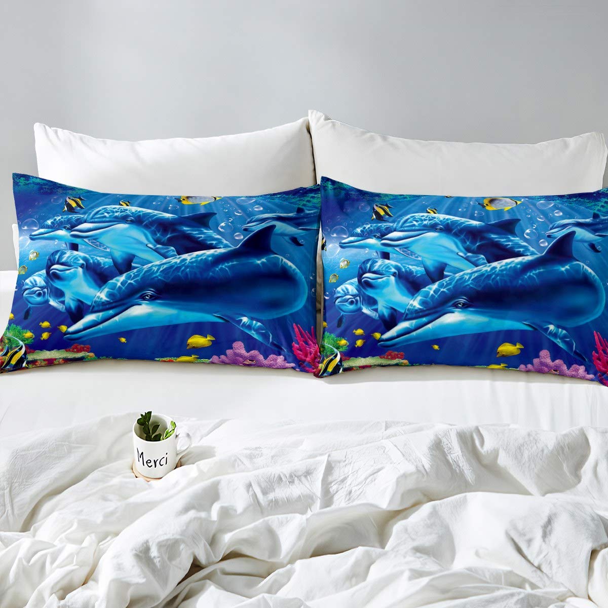 Loussiesd - Set di biancheria da letto con delfini per ragazze e bambini, motivo oceanico marino, con 2 federe