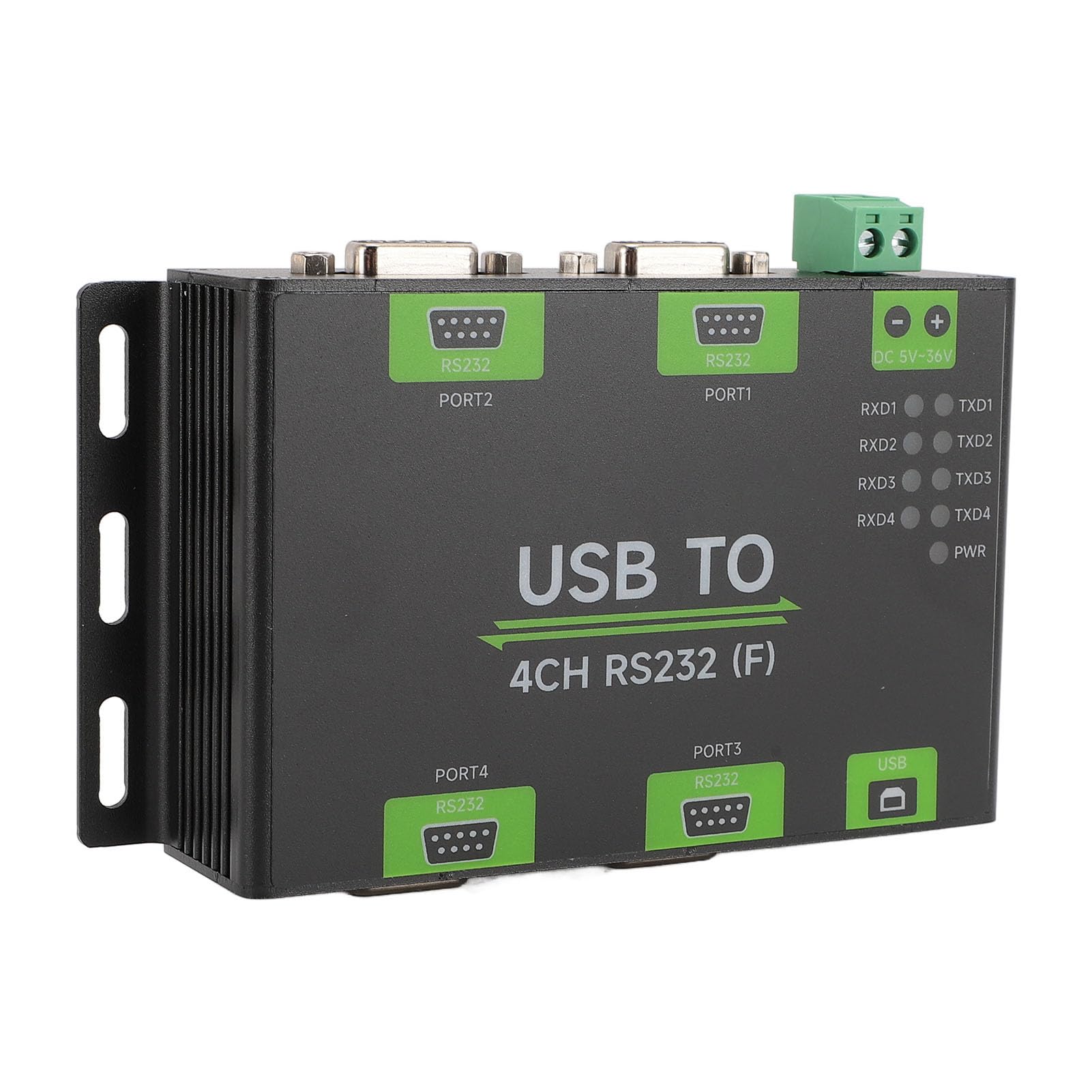 Угловой view of Qiilu USB to 4-Channel RS232 Converter showing connection ports
