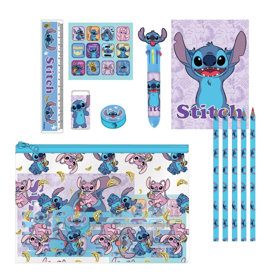 Set de Papeleria Inspirado en Stitch - Color Azul - 22 X 14 X 0.5 Cm - Incluye Lápices de Colores, Bolígrafo Multicolor, Regla, Estuche y Más - Producto Original Diseñado en España