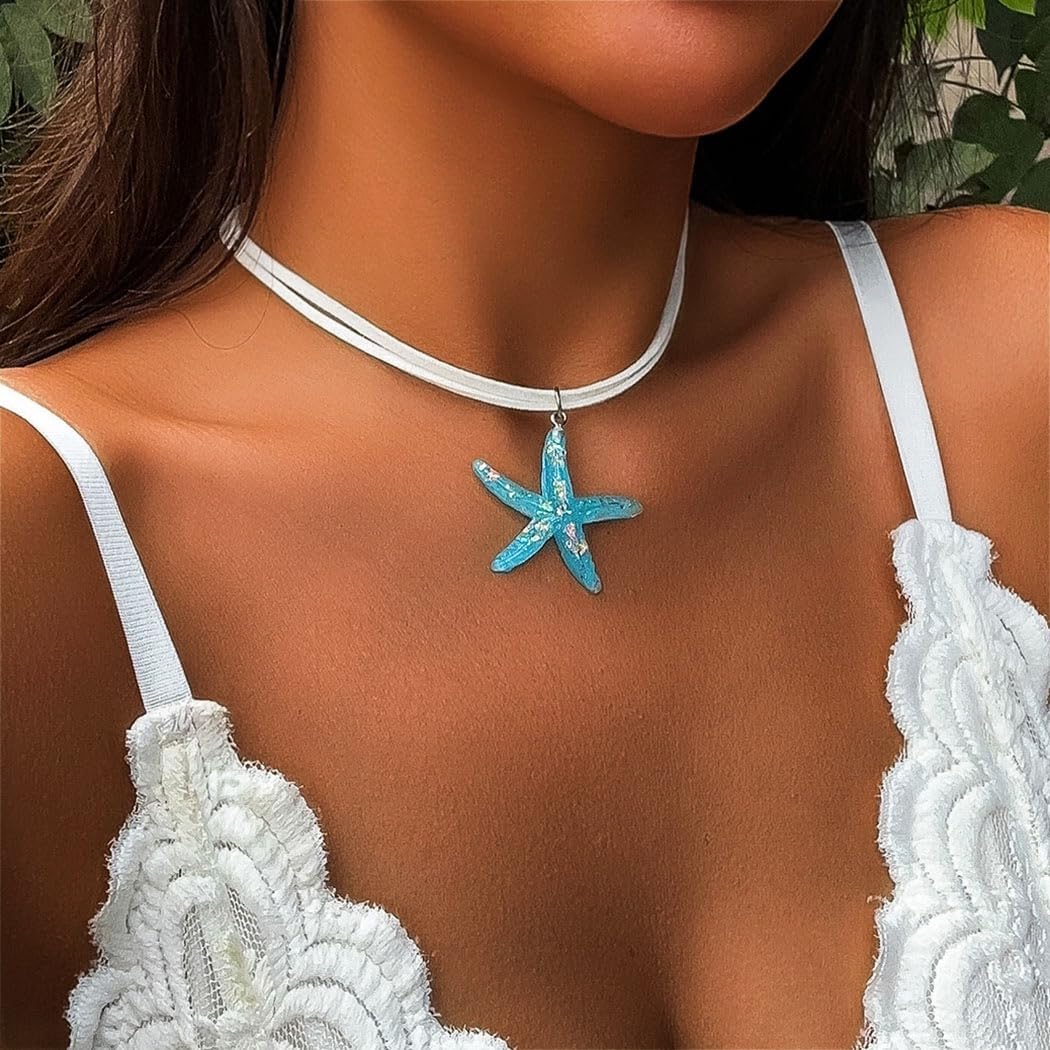 Boho Starfish Necklace Starfish Pendant Choker Layered Starfish Necklace White Velvet Choker Necklace Summer Beach Jewelry for Women - Image 3