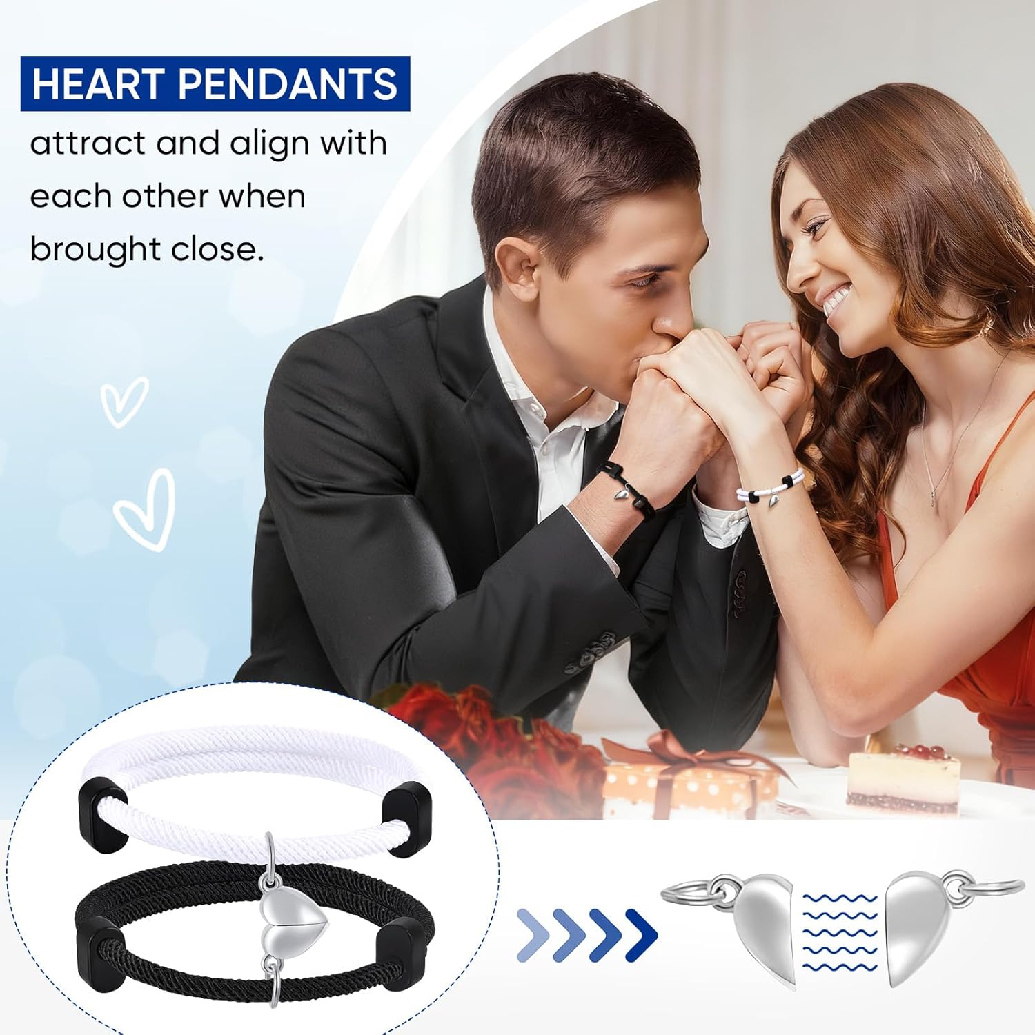 Valentines Day Gifts for Him - 2Pcs Heart Matching Couples Bracelets for Him and Her Adjustable Rope Bracelet for Best Friend Husband Wife Anniversary Birthday Relationship Jewelry Gift for BF GF - Image 3
