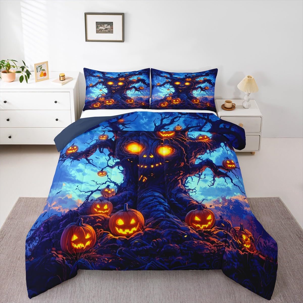 Homewish Gotycka dynia pojedynczy zestaw pościeli – zestaw pościeli na Halloween, pomarańczowe dynie, lampiony, zestaw kołdry, dla dzieci, chłopców, dziewcząt, dorosłych, upiorne gotyckie dekoracje
