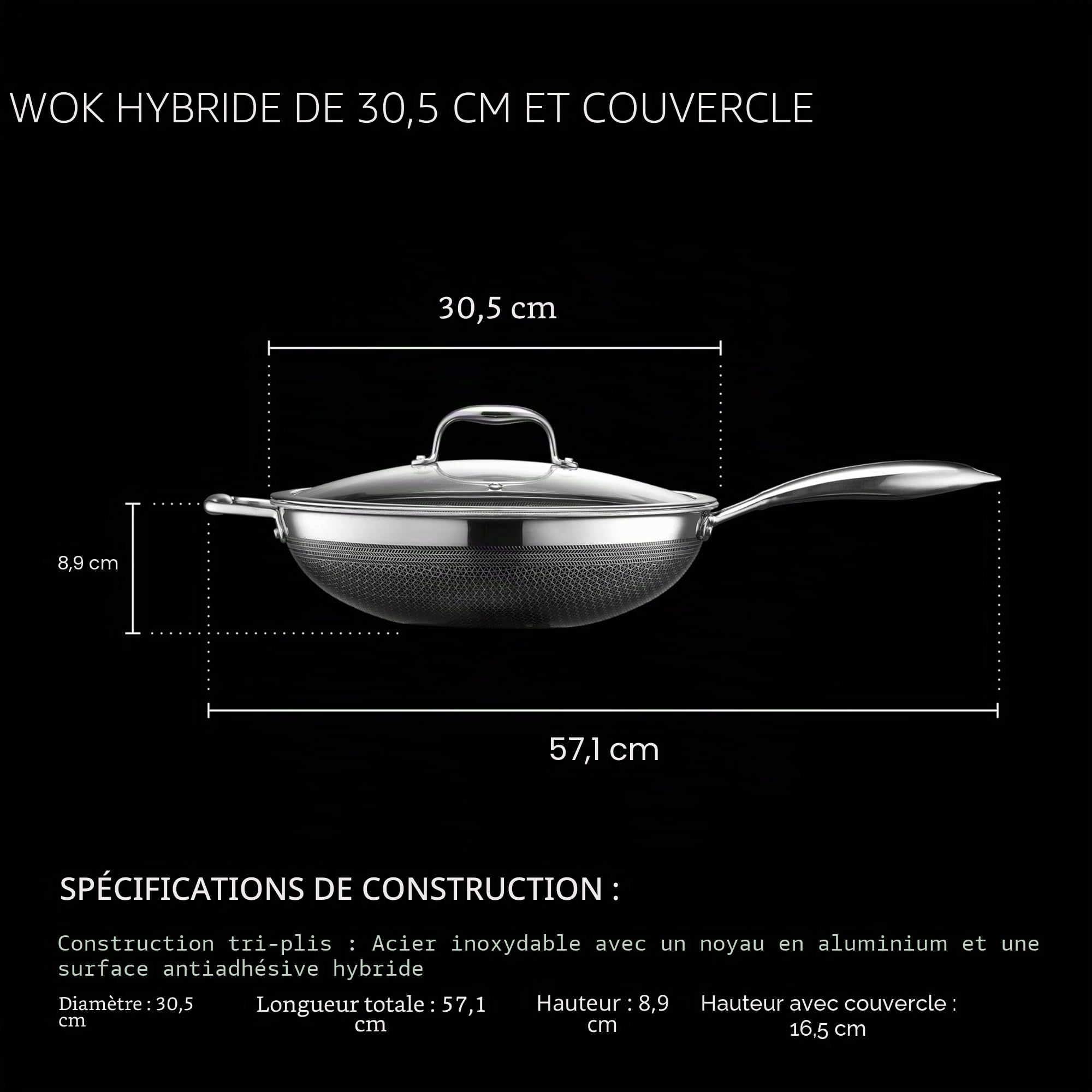 HexClad Wok hybride en acier inoxydable de 12 pouces avec poignée Stay-Cool- Sans PFOA, passe au lave-vaisselle et au four, antiadhésif, fonctionne avec les tables de cuisson à induction, céramique