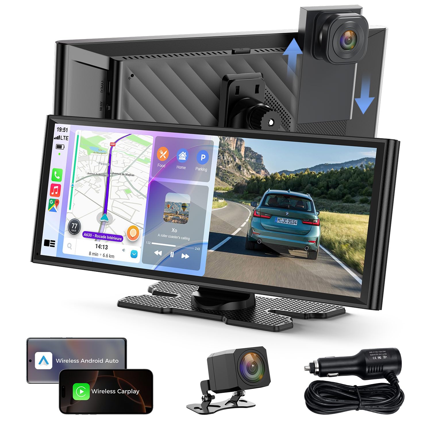 TOGUARDGO 9.26 Inch Wireless CarPlay Screen with 4K Plus 1080P Dual Dash Cam