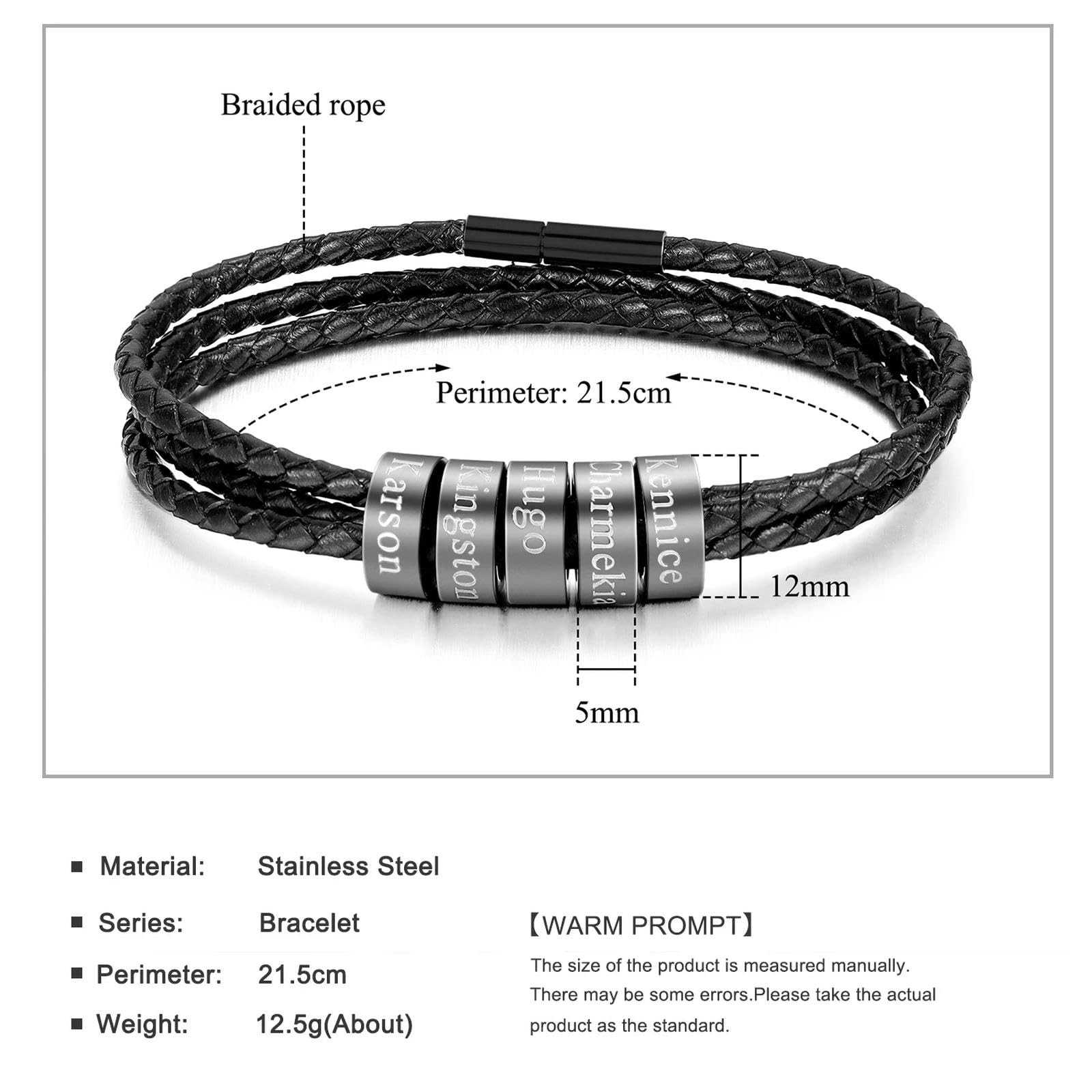 Pulsera de cuero trenzada personalizada para hombre, regalo de Navidad para el día del padre para novio y esposo, abalorios personalizados para hombres
