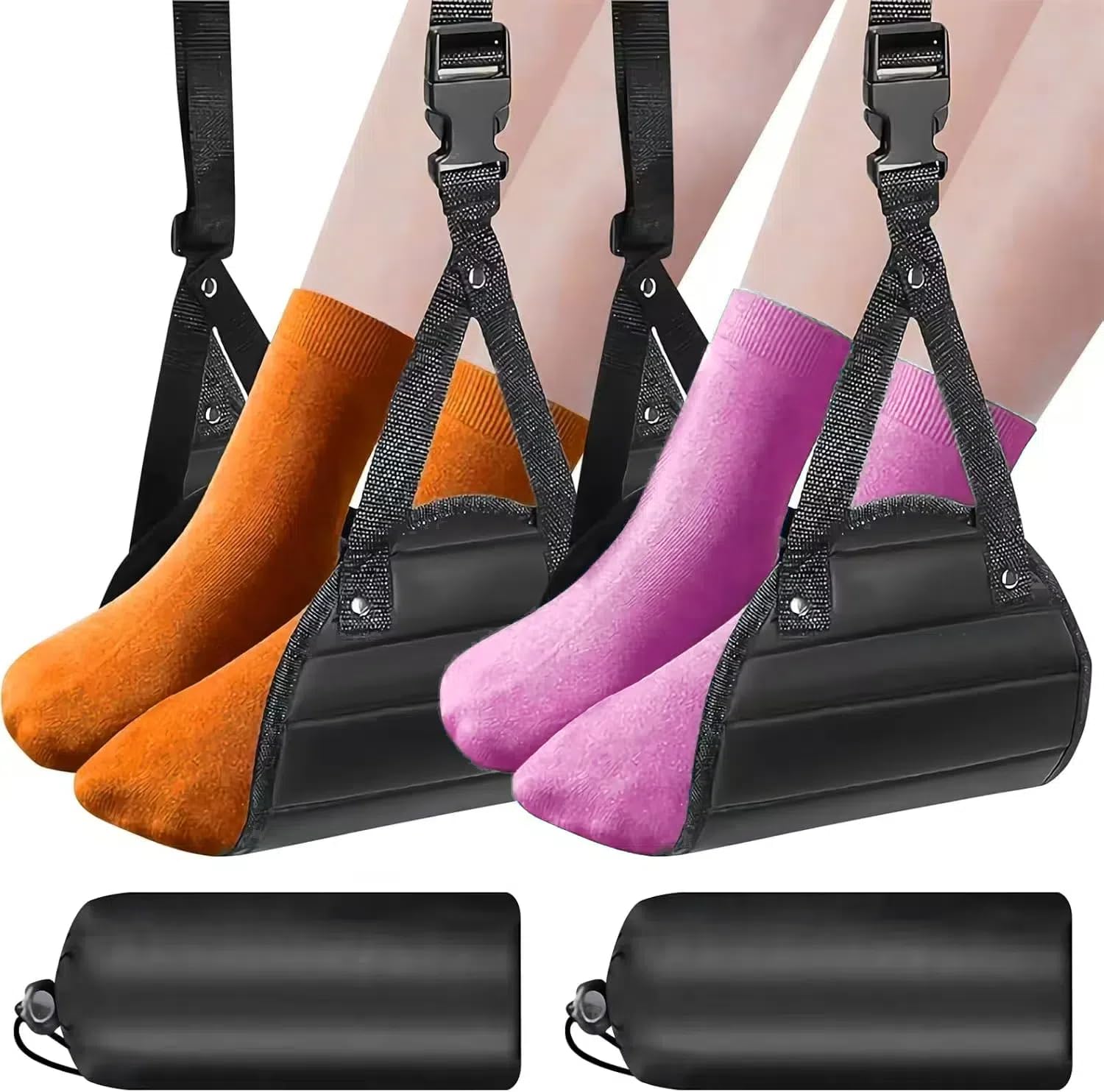 Airplane Travel Footrest Hammock, Adjustable Travel Foot Hammock & Desk Hammock for Long Trips, Portable Foot Cushion (2 Pack - 16.93x7.87 Inch) Black