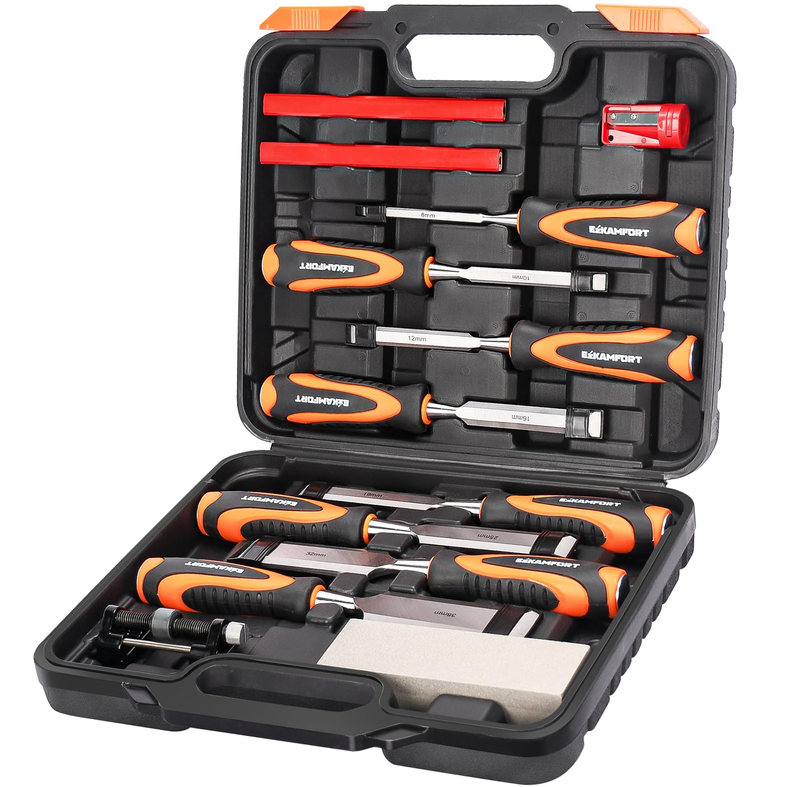 Ezkamfort 13-Piece Chisel Set, Chisel Set, Woodworking Tools Set- Wood Carving Tools, Wood Chisel Sets with Sharpening Stone, Honing Guide and Storage Case