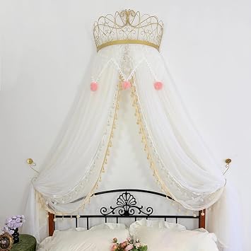 Bed Canopy for Girls, a Princess Bed Canopy Featuring an Elegant Metal Crown, Enhances The Charm of Your Childs Bedroom, Serving as Mosquito Netting & Romantic Tent White