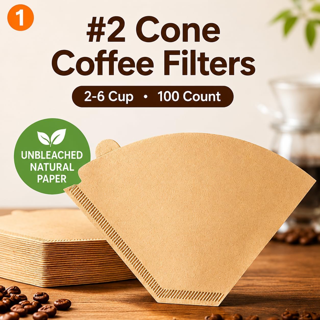 #2 Cone Coffee Filters 2-6 cup, 200 Count Disposable Coffee Filters # 2, Unbleached Natural Paper Filters for Pour Over and Drip Coffee Maker
