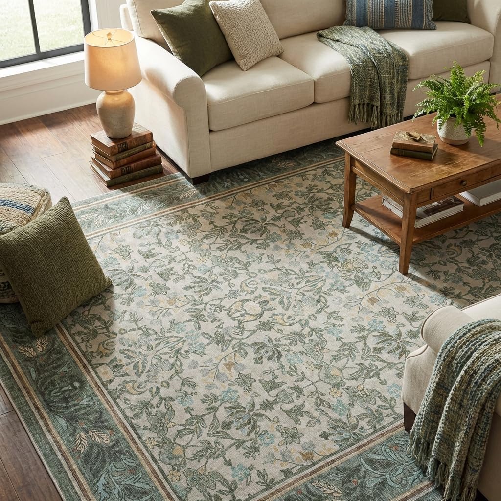 garveehome 8x10 area rugs washable rug for living room, boho vintage large area rug for bedroom soft non slip low pile indoor stain resistance throw carpet for dining room office sage green sage green 8' x 10' (rectangular)