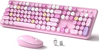 Wireless Keyboard and Mouse, Full-Size Retro Typewriter Keyboard with Round Keycaps, 2.4GHz for Windows, Mac, Laptop, PC, Desktop (Pink Colorful)