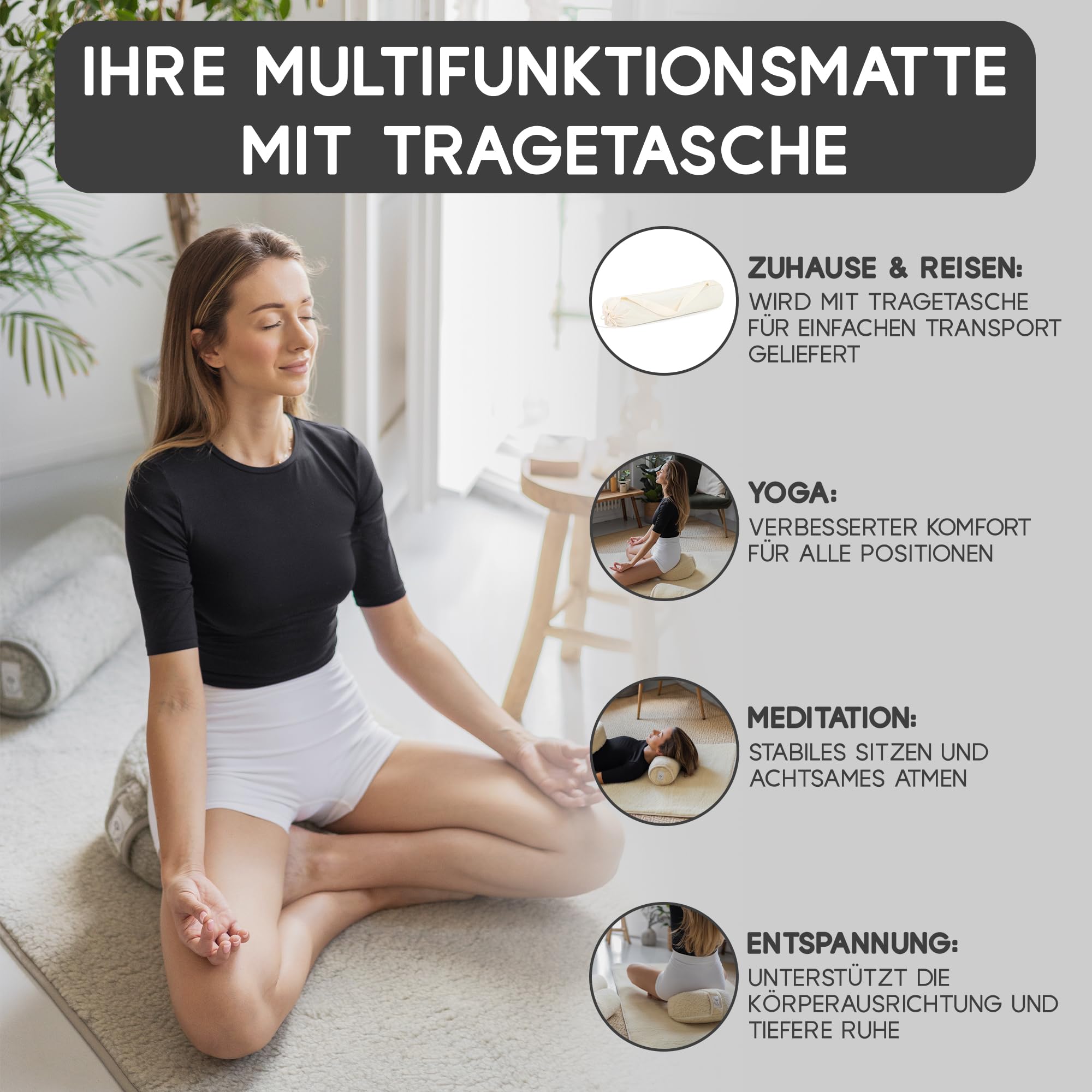 Yogamatte Schafwolle | Natürlich Merino Wolle Trainingsmatte | Yogamatte rutschfest | Hautfreundlich & kuschelig | Perfekt für Meditation, Pilates & Fitnessübungen | Mit Tragetasche - 200x75 cm