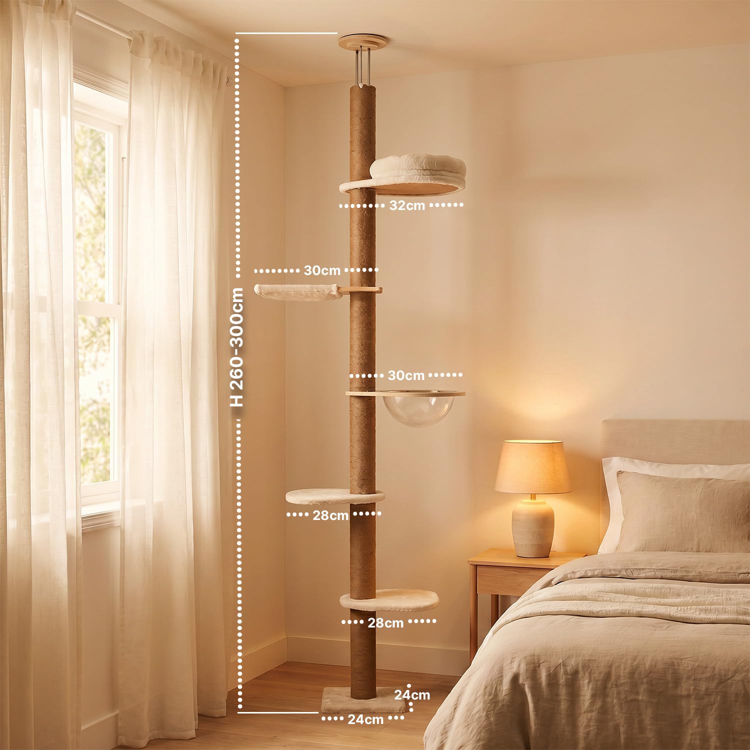 Avilia - Arbre à chat au plafond réglable 260-300 cm – Tour verticale gain de place pour chats avec hamac en dôme et niche – Arbre à chat en bois et jute naturelle – Design colonne