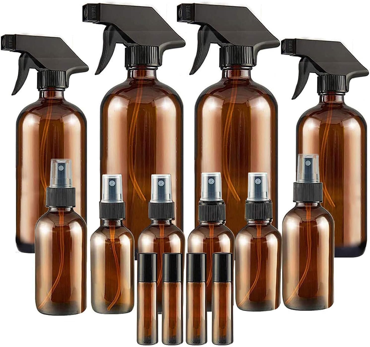 14 Pack amber glass bottle Set,Empty Boston Round Bottles with Adjustable Nozzle,Multi Size and Versatile(16oz,8oz,4oz,2oz,1oz) x 2, 10 ml Roller Bottle x 4 with Labels