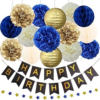 InBy Navy Blue Gold Birthday Baby Boy Shower Party Decoration Kit - Happy Birthday Banner, 12