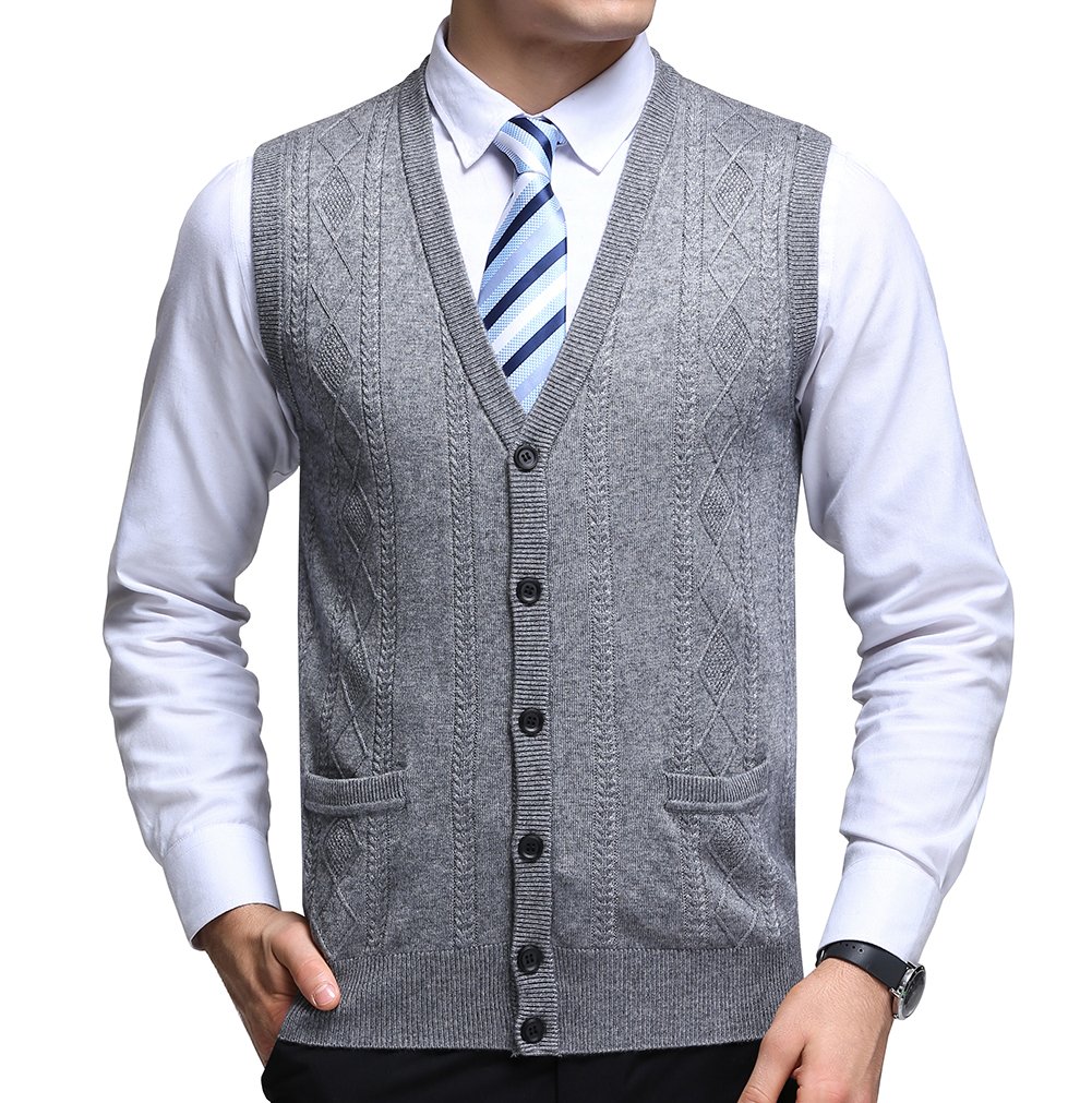 Fulier Men's Gray Wool V-Neck Gilet Sleeveless Vest Waistcoat Casual Gentleman Knitwear Cardigans Knitted Sweater Tank Tops (M, )