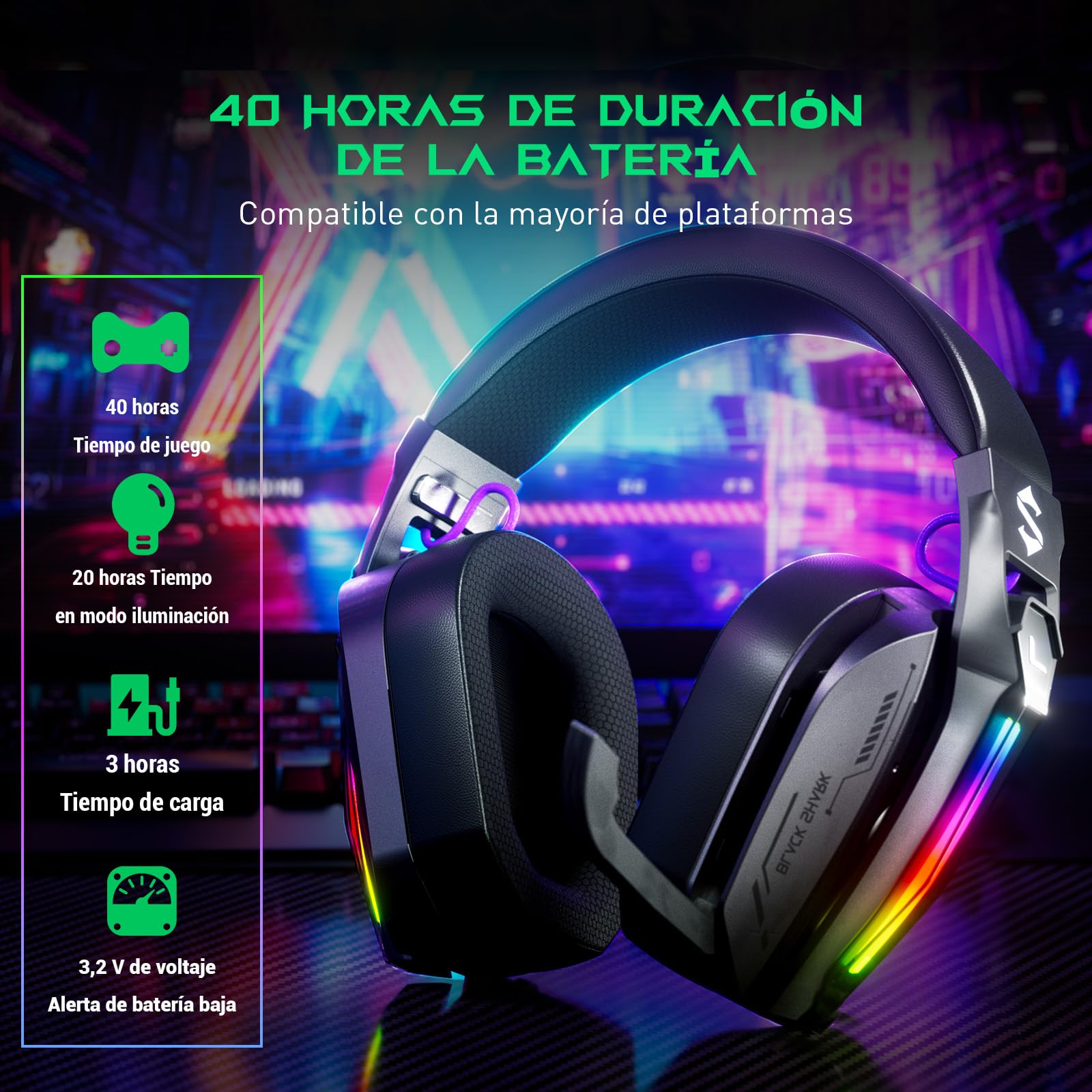 Black Shark Cascos Gaming Inalámbricos para PS5/PS4/PC/Switch, Auriculares Bluetooth 6,0 con Micrófono, 2,4GHz USB-C, Baja Latencia, Sonido Envolvente, Duración 40Hr+