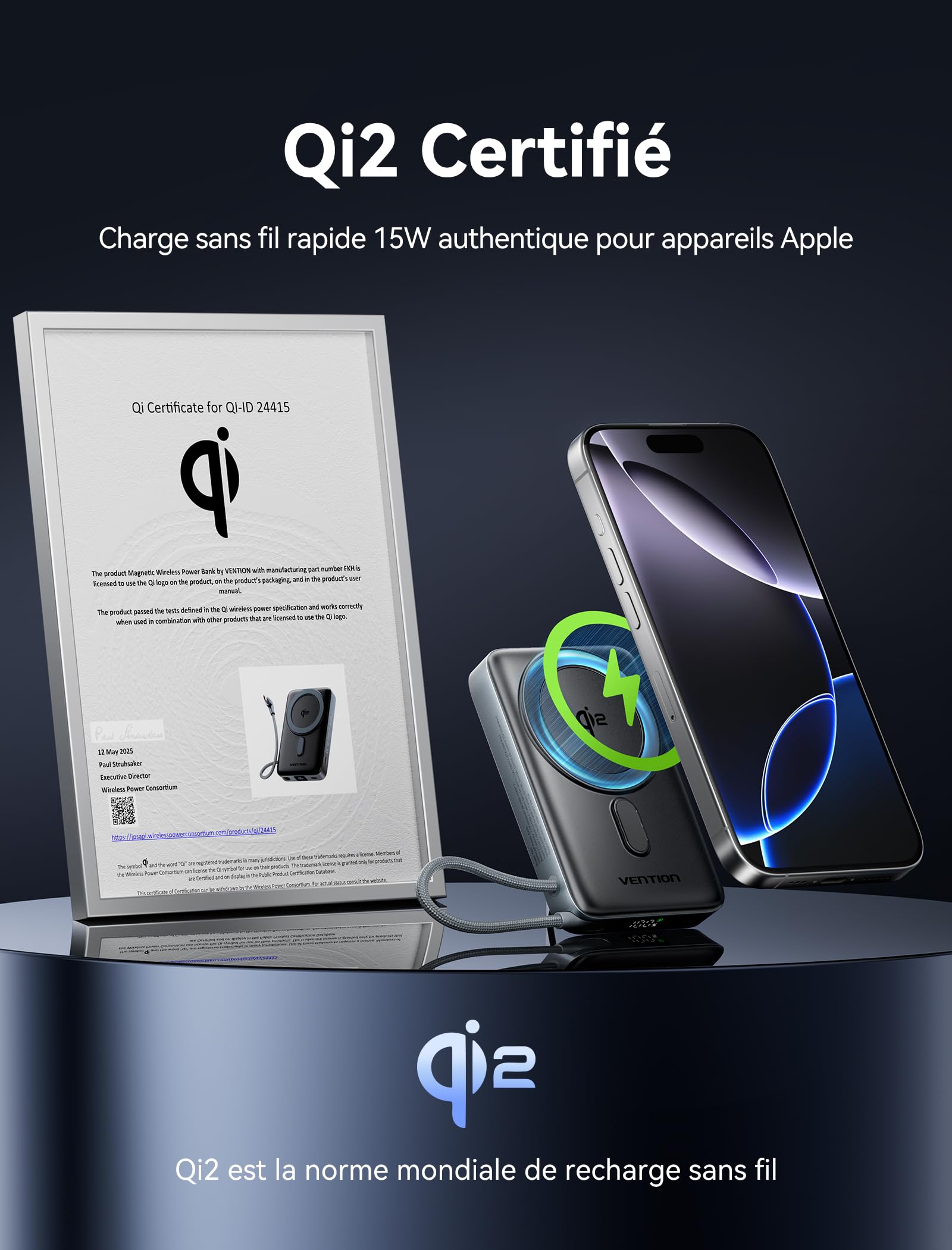 VENTION Qi2 15W Batterie Externe 10000mAh PD35W Charge Rapide Compatible MagSafe pour iPhone 17/16/15/14/13/12 Plus/Pro/Max, Powerbank Magnétique avec Affichage LED et Support Pliable