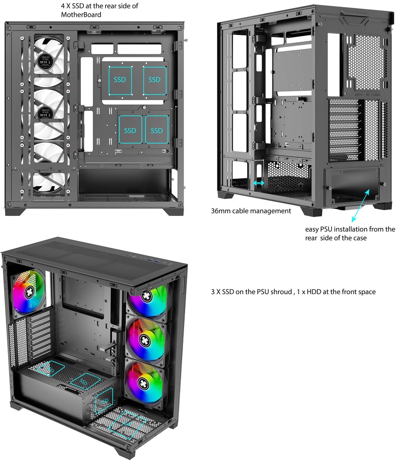 Xilence X818.ARGB XILENT Gleam obudowa komputera gamingowego, 4 x wentylator ARGB 140 mm, ATX Midi Tower Case, szkło akwariowe, z uchwytem na kartę graficzną, płytka sterująca PWM/ARGB, dla dobrego