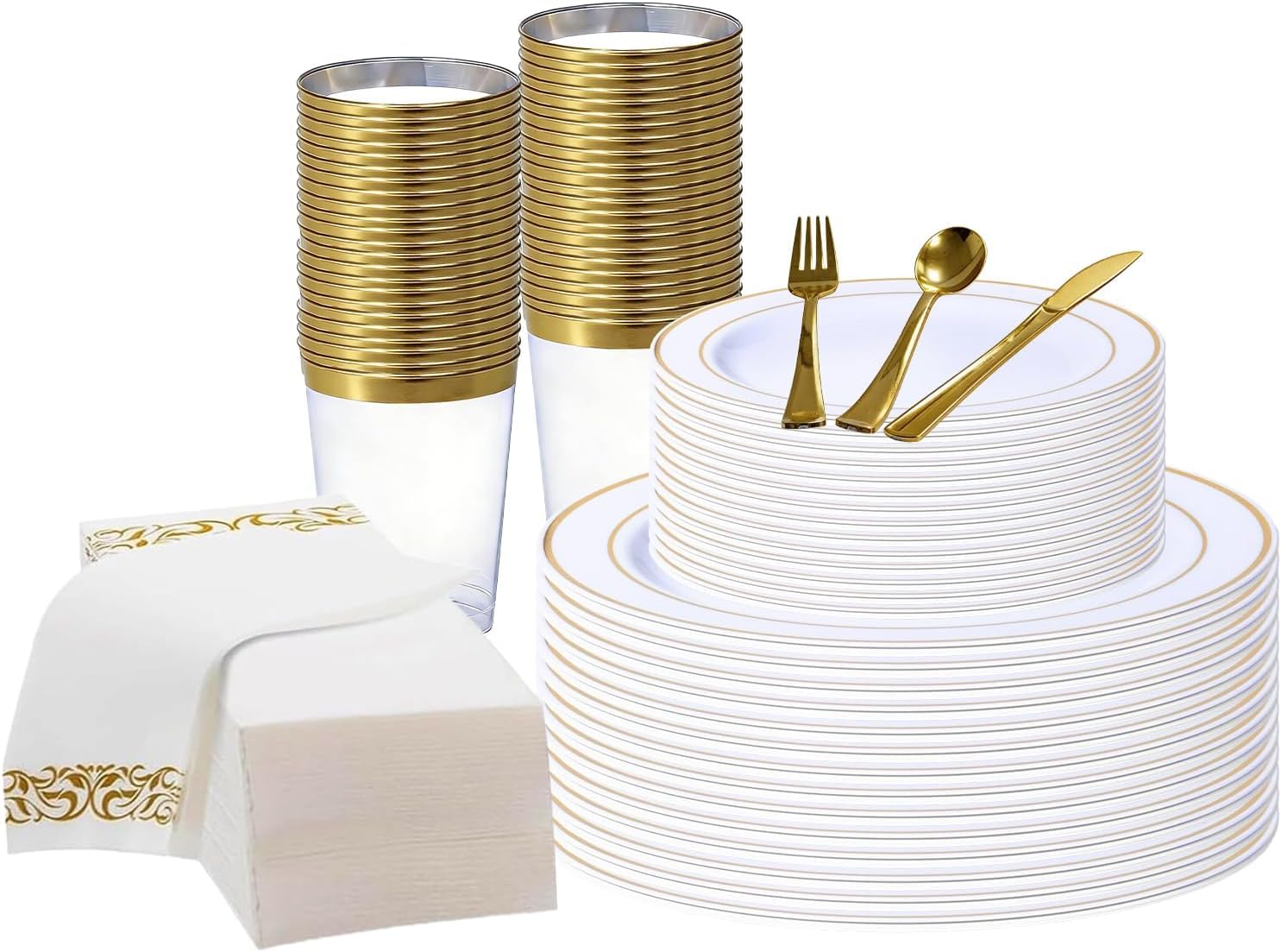Yazoni 225PCS Reusable Plastic Dinnerware Set, Gold Dinnerware Set for 25 Guests, Include: 50 Plates, 75 Silverware, 25 Napkins, 25 Cups, 50 Paper Straws for Party & Wedding — image 1