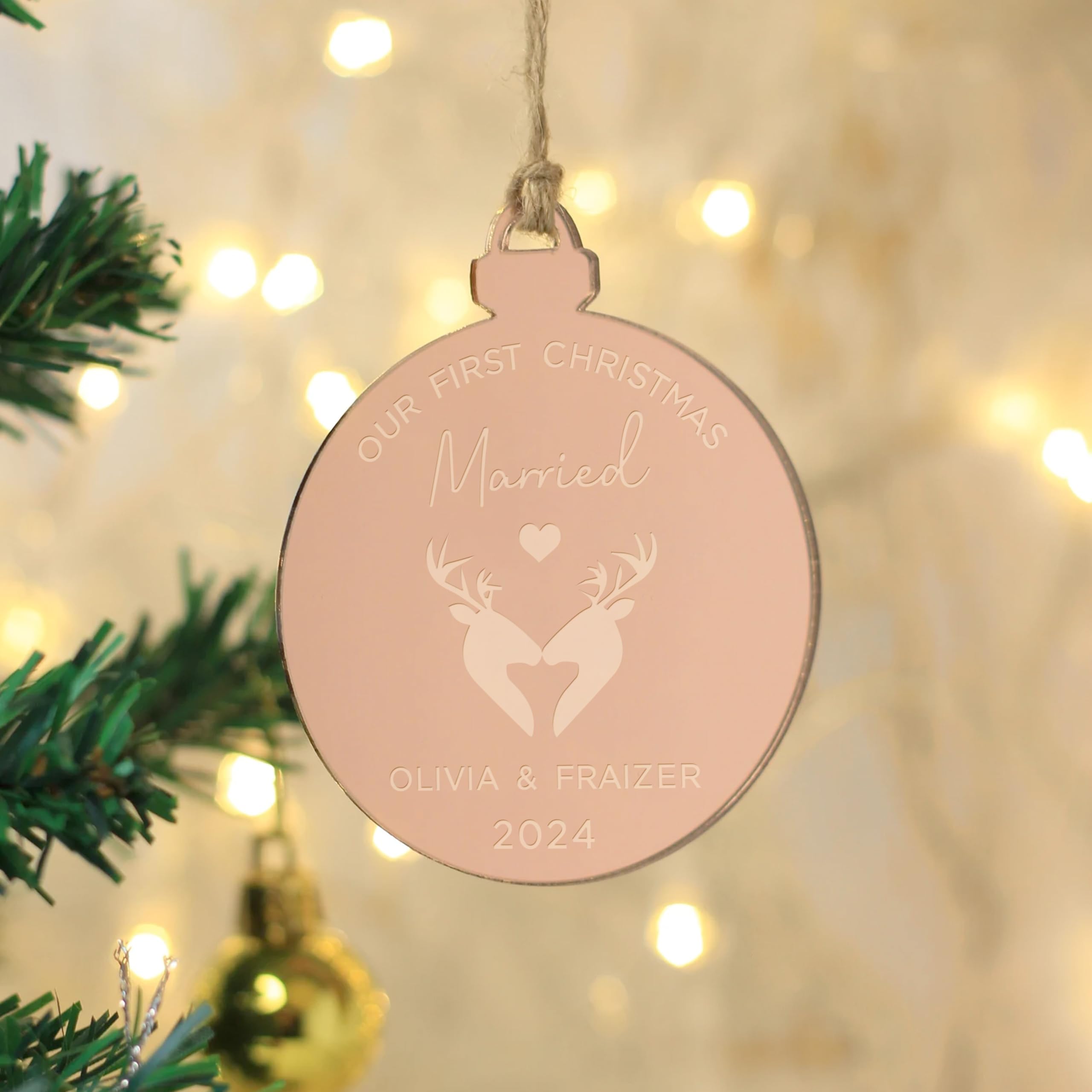 Ebuygb Rose Gold Personalised Our First Christmas Married Bauble, Mirrored Hanging Decoration, Couples Gift, Xmas Tree Ornament Keepsake, 1St Christmas Mr & Mrs Bauble (Rose Gold)