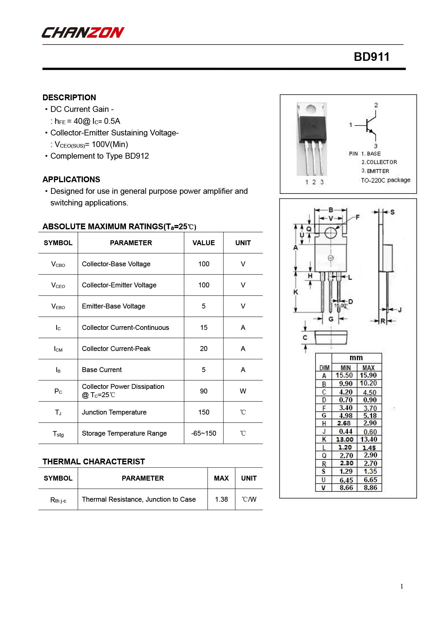Snapklik.com : Chanzon BD911 TO-220C NPN Power BJT Bipolar Junction ...