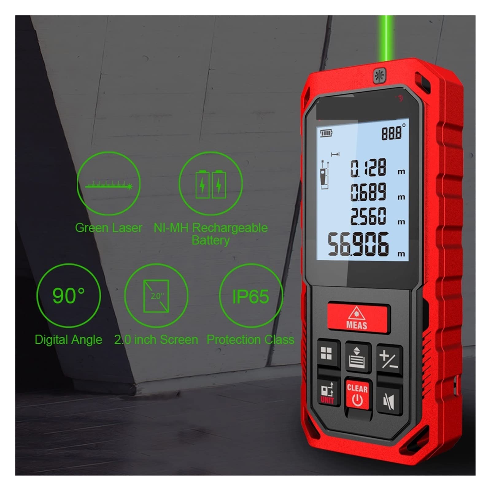 Medidor de superficie terrestre Mini telémetro láser Digital medidor de distancia láser cinta métrica diastímetro herramienta 100M/80M/60M-40M telémetro láser para terreno montañoso(S2-50M (Green ligh